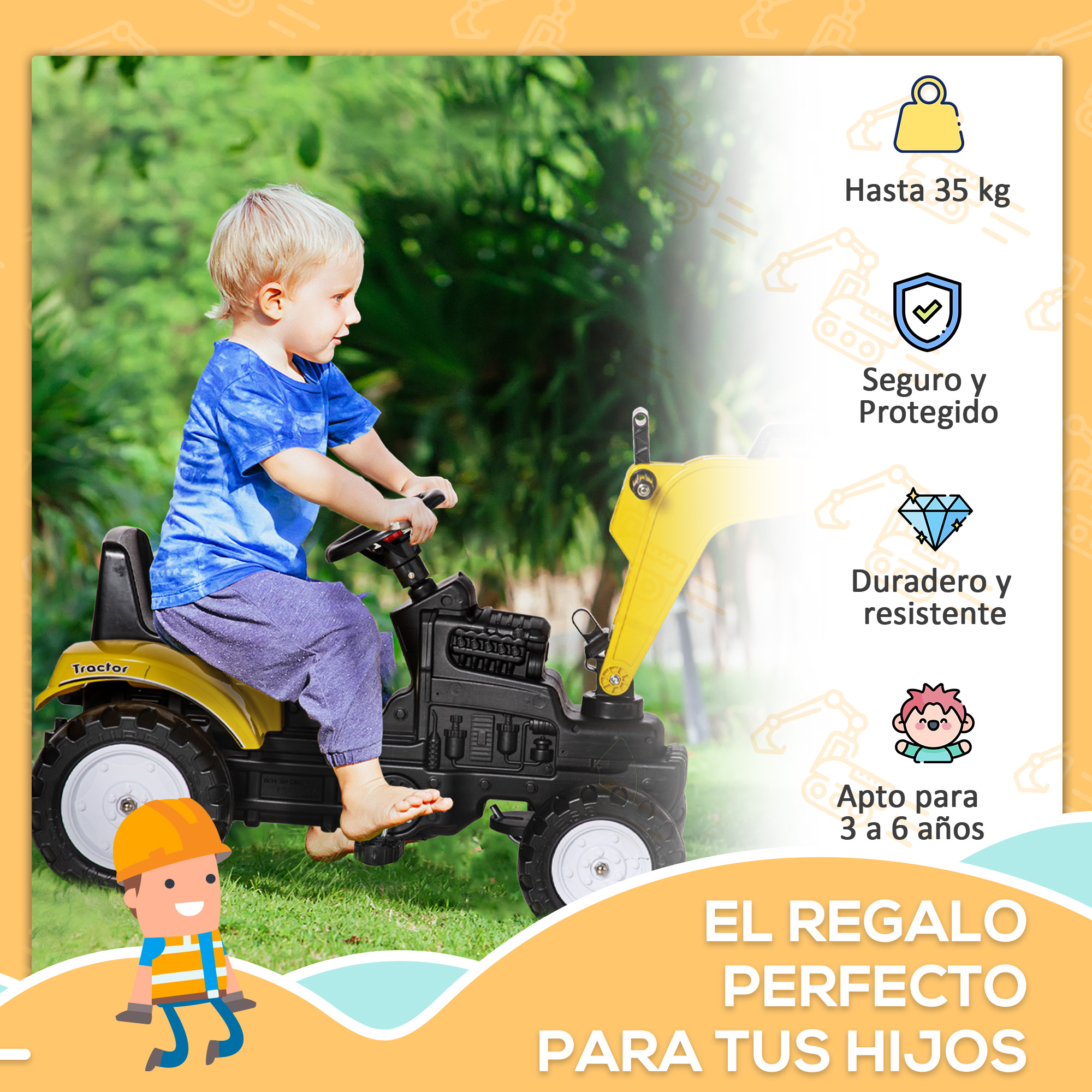 Un niño montando un tractor de juguete amarillo y negro, con gráficos y texto alrededor.