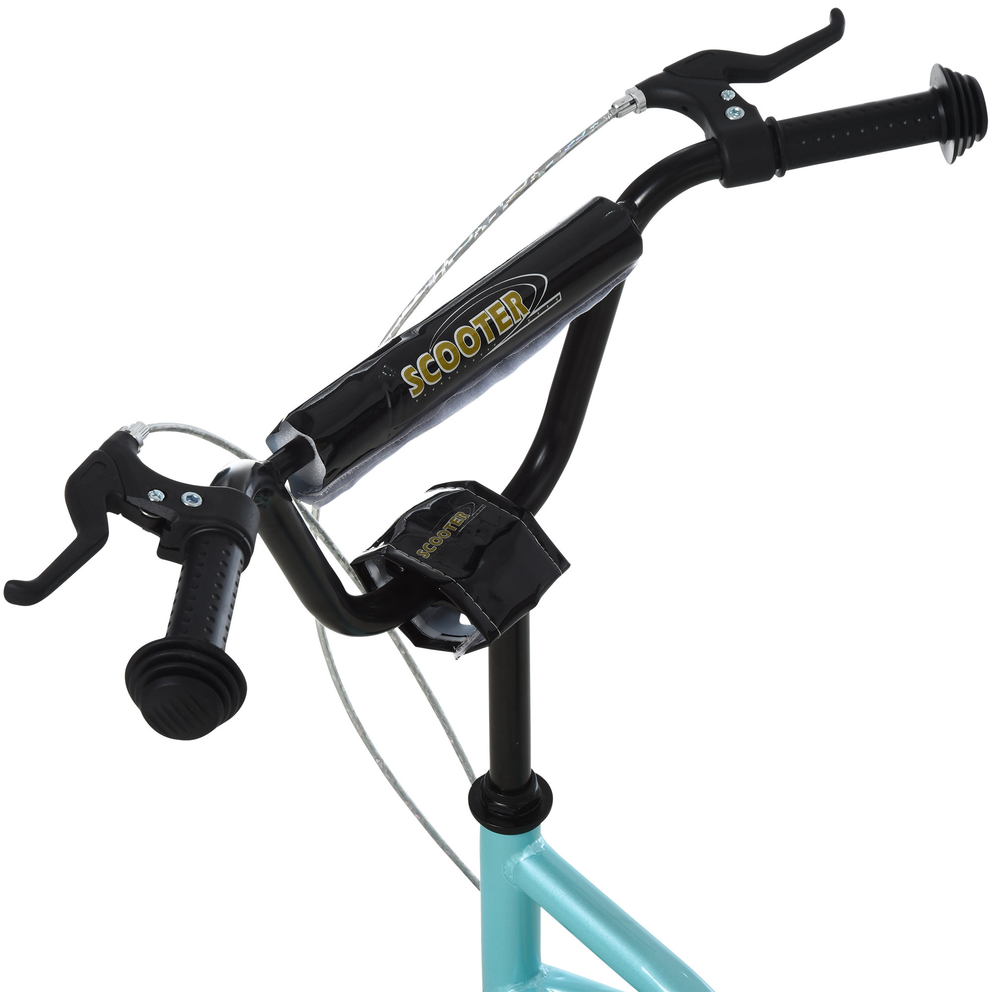 Primer plano del manillar de un scooter negro con frenos y empuñaduras.