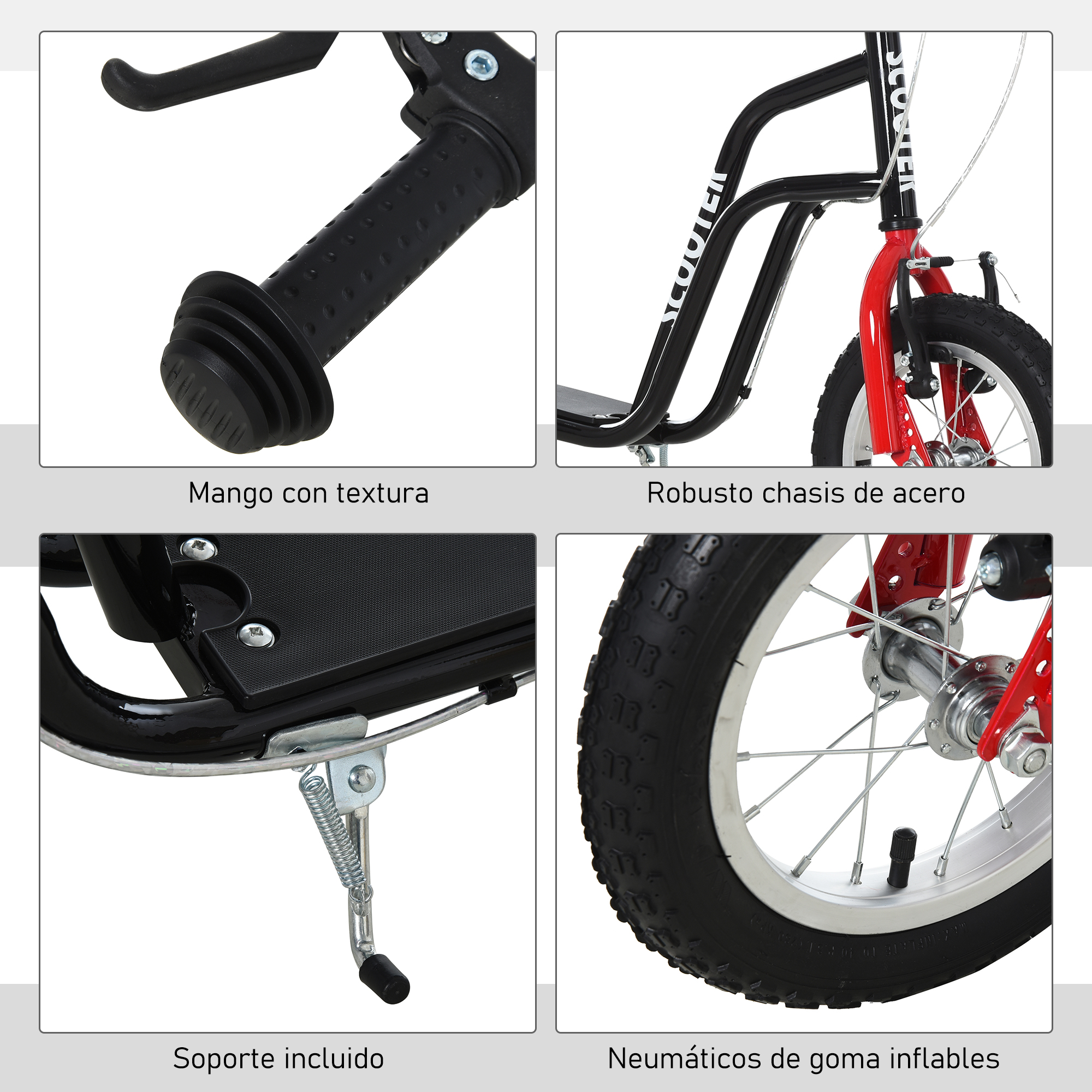Primer plano de los detalles del scooter: mango texturizado, marco de acero resistente y neumáticos de goma.