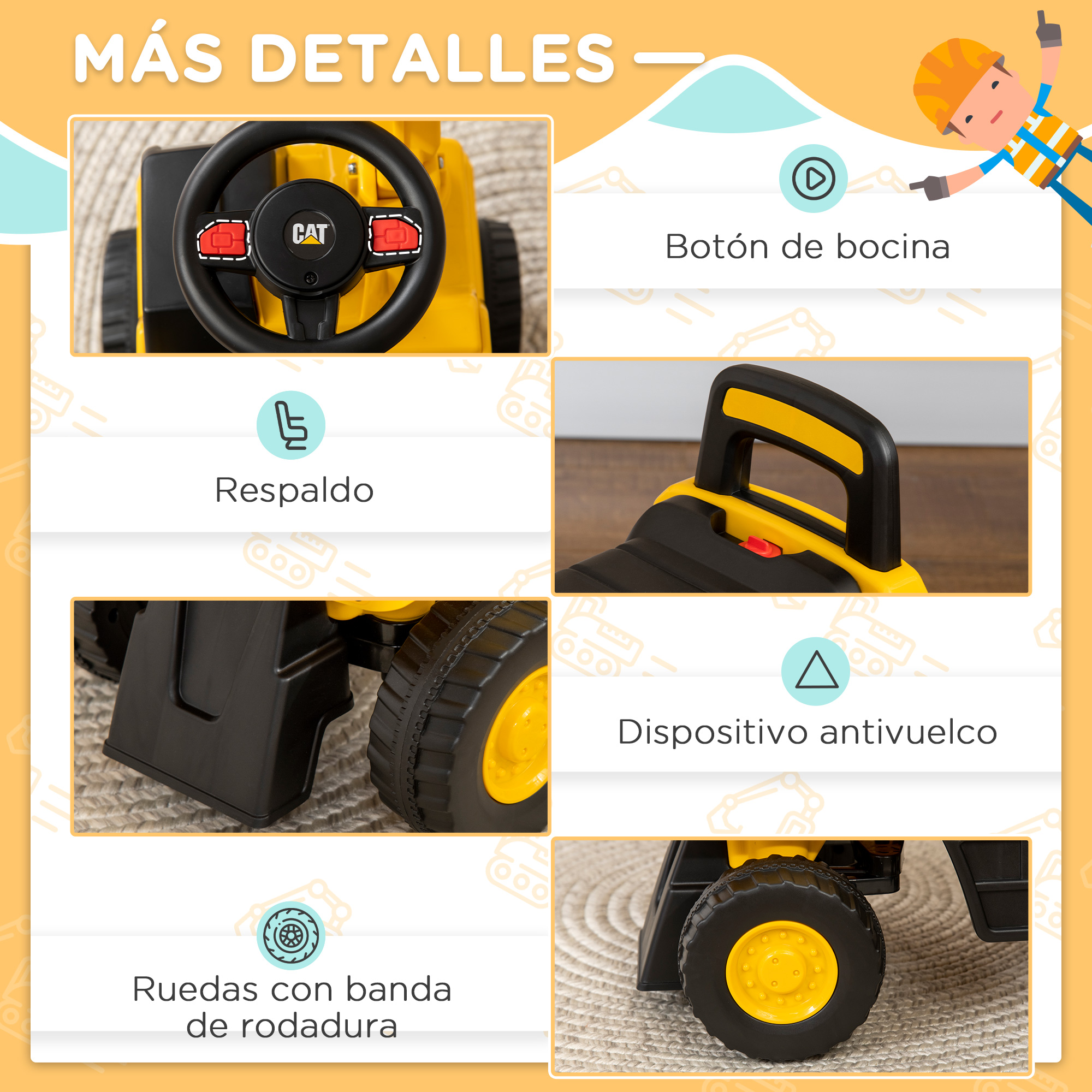 Primer plano de un camión de juguete amarillo con detalles: volante, respaldo, botón de bocina, antivuelco, ruedas.