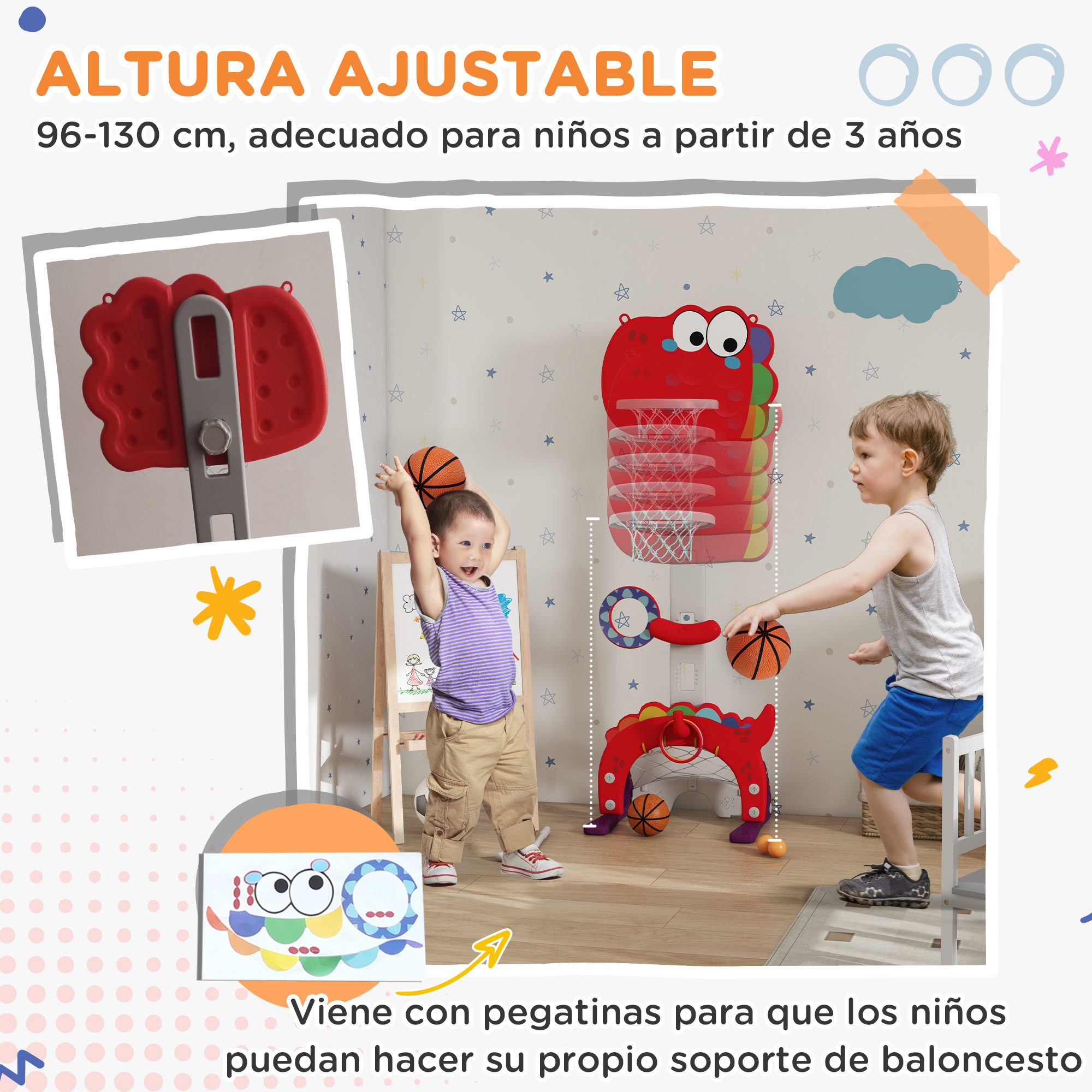 Dos niños juegan baloncesto con un juego de juguetes rojo. El juego incluye aros y un tablero. Texto dice 'Altura ajustable'.