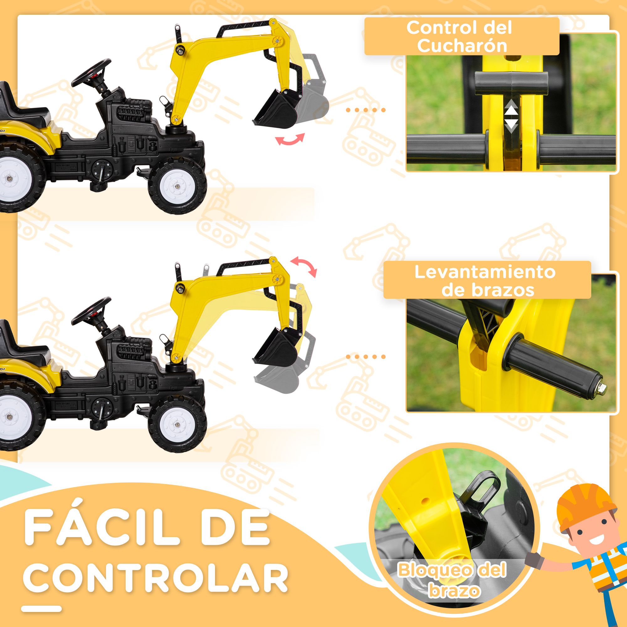 Una excavadora de juguete amarilla con detalles de control. Muestra diagramas sobre el control del cucharón y el brazo.