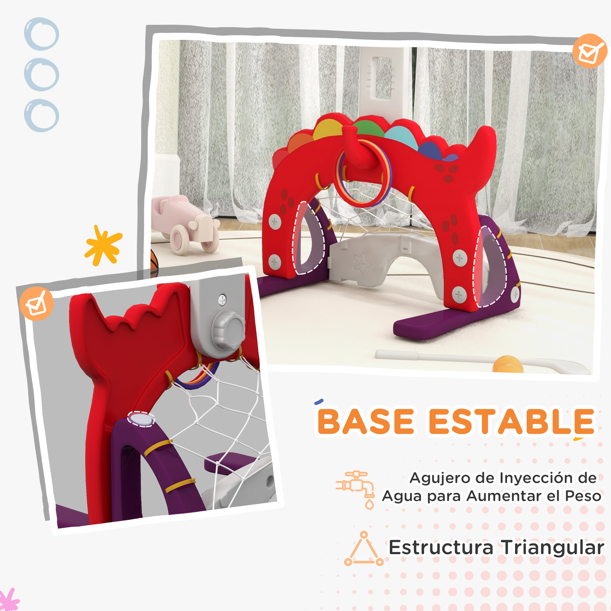 Un gimnasio de juegos colorido para bebés, con un arco rojo con anillos y un pequeño coche de juguete rosa.