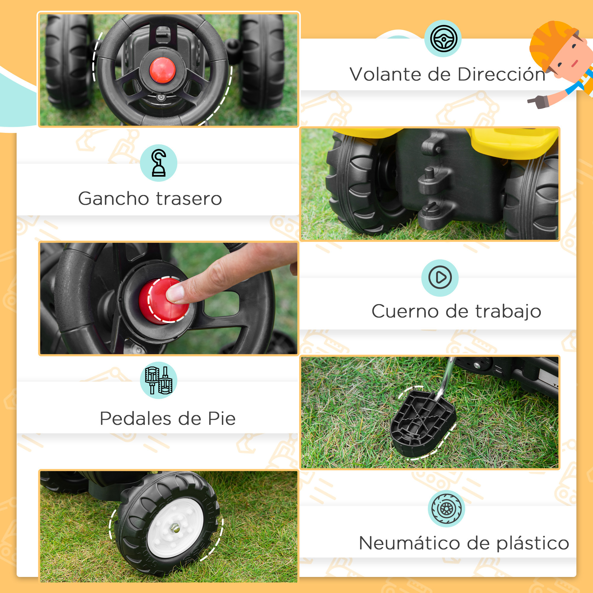 Imágenes detalladas que muestran características de un tractor de juguete, incluyendo volante, pedales y neumáticos.