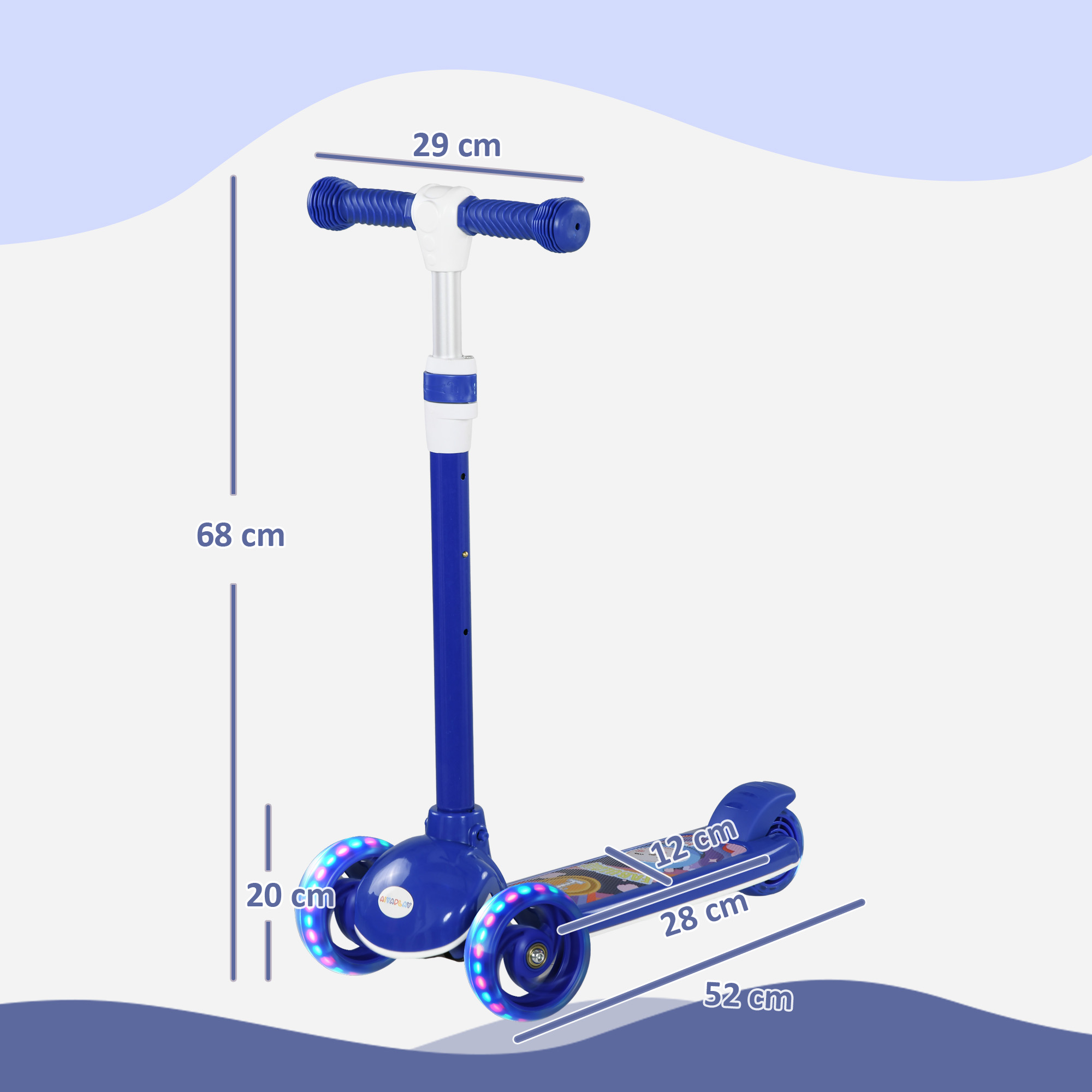 Un patinete azul con tres ruedas. Se proporcionan las dimensiones.