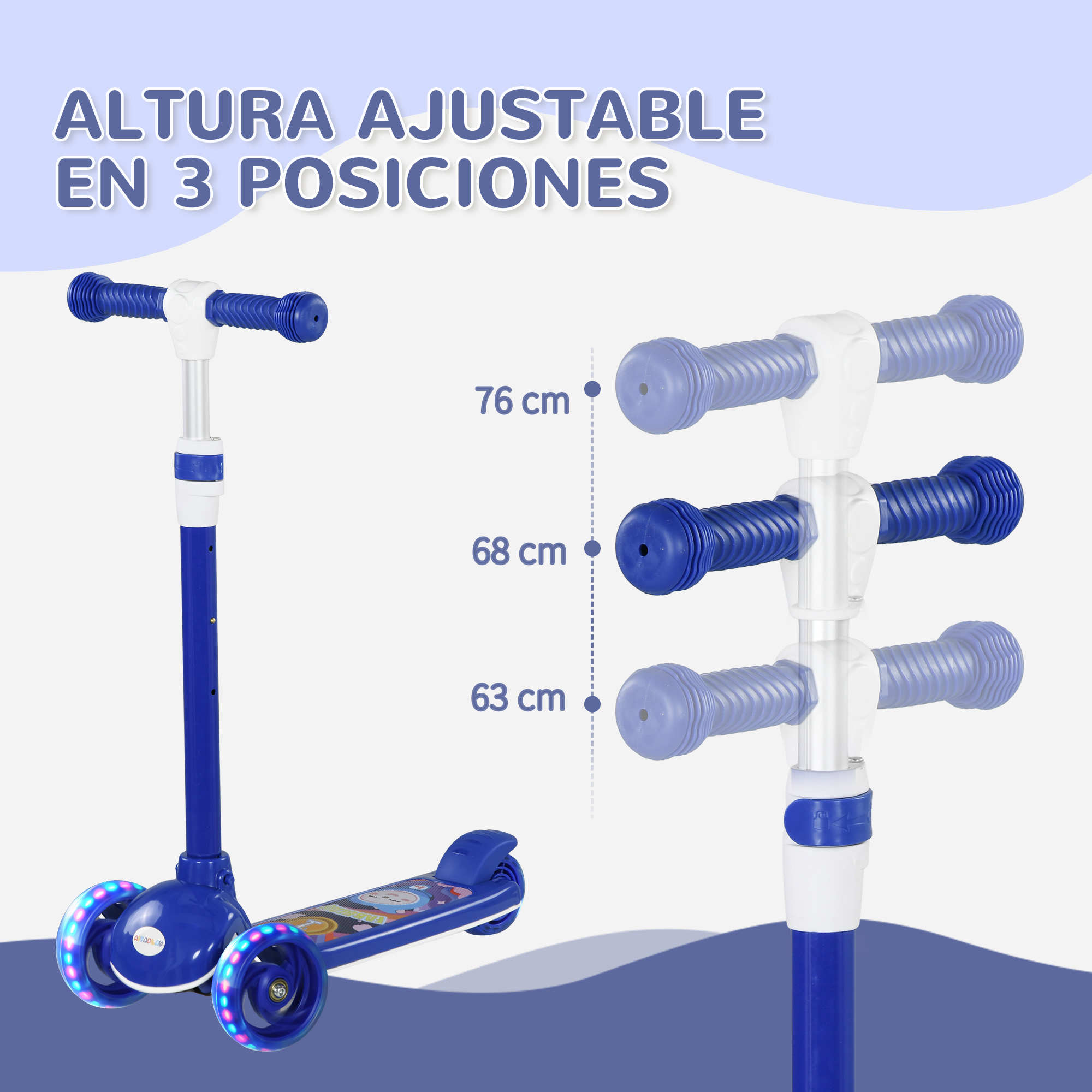 Un patinete azul con altura ajustable en tres posiciones. Dimensiones mostradas.