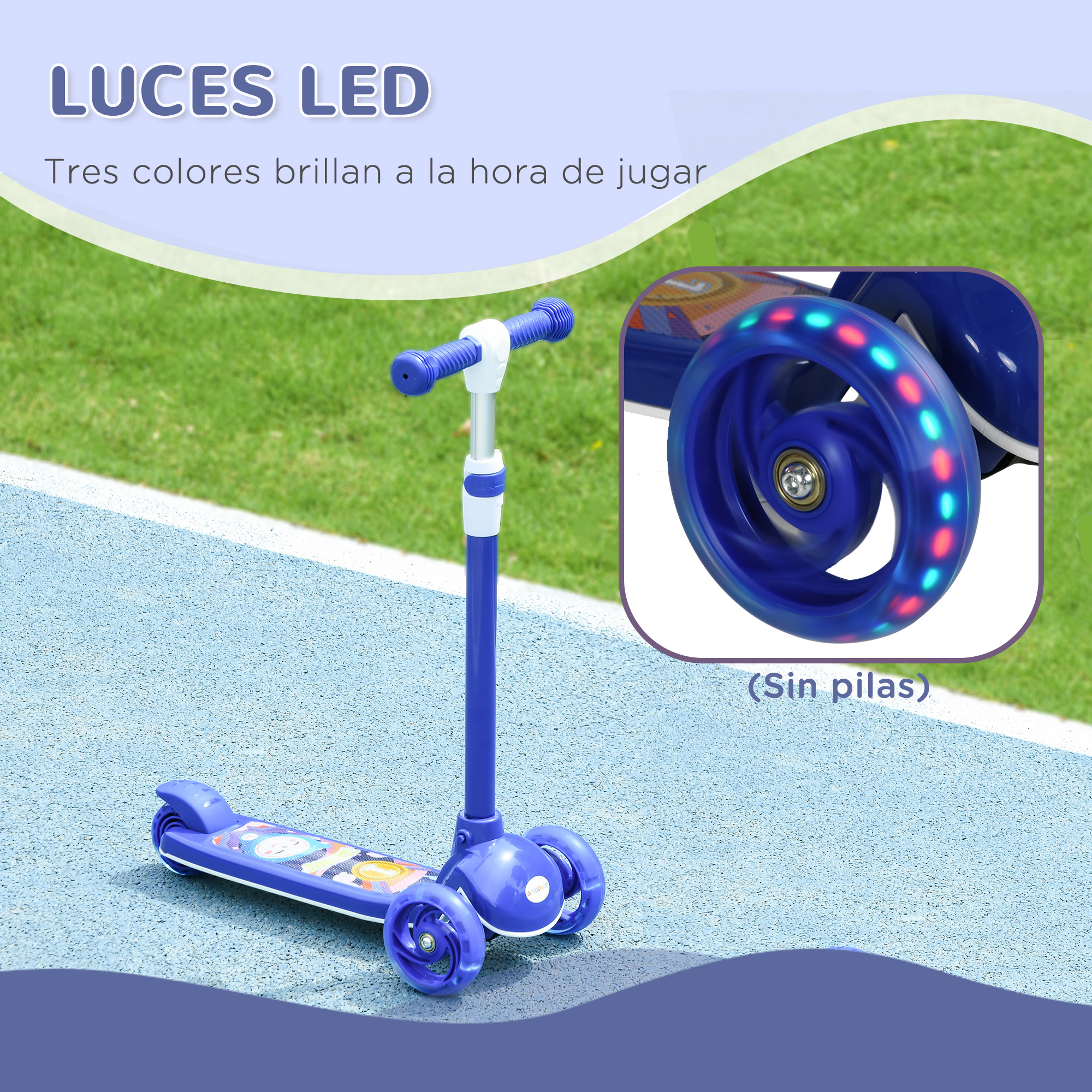 Un scooter azul con tres ruedas y luces LED en las ruedas.