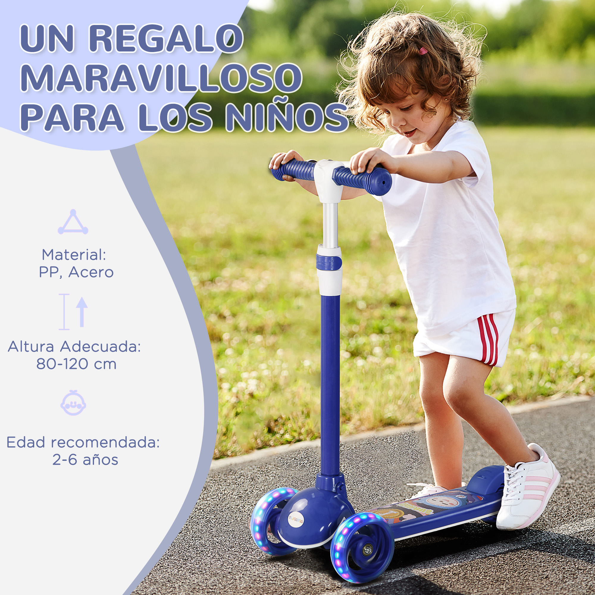 Una niña en un scooter azul. El scooter tiene tres ruedas y luces LED. El texto menciona la edad recomendada.