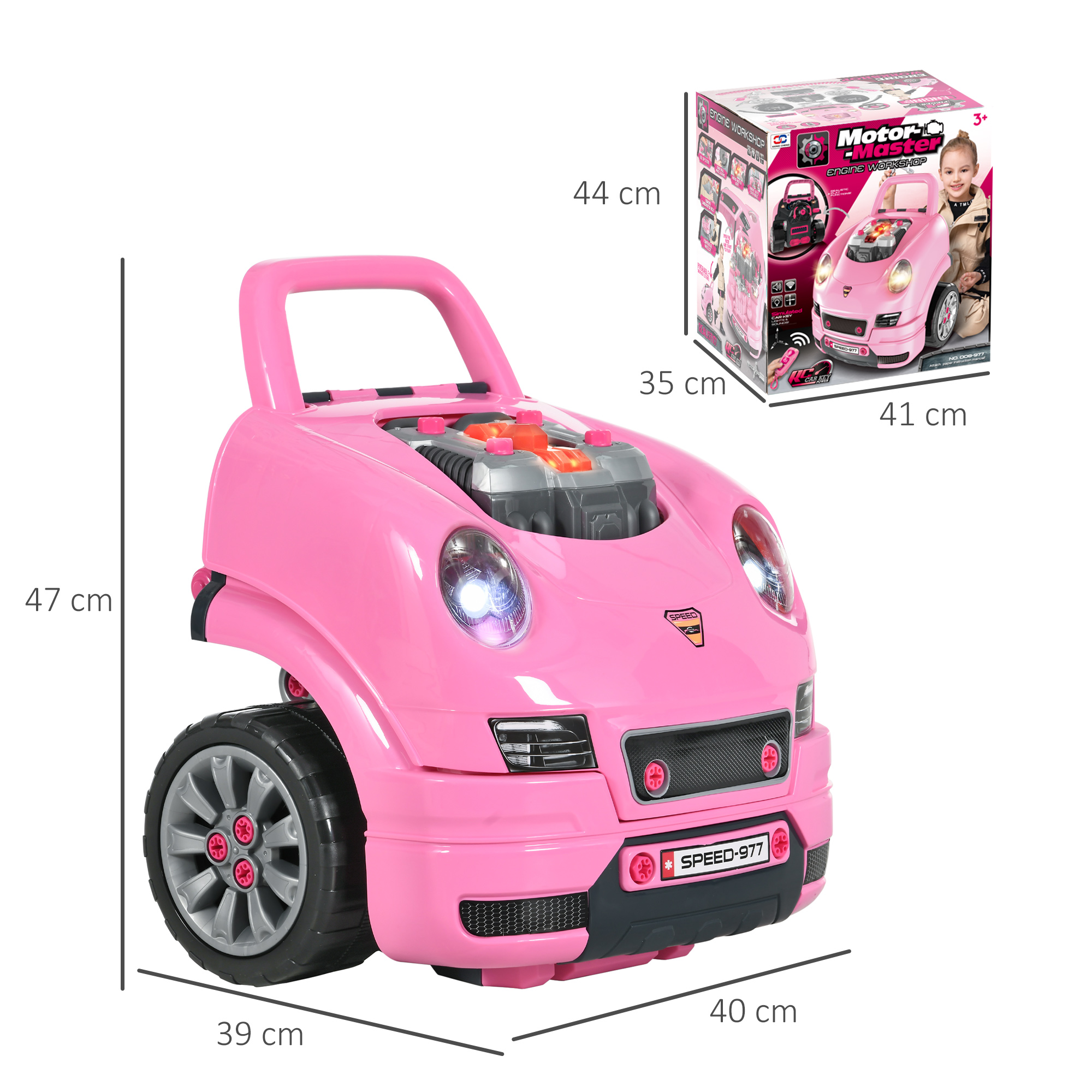 Coche de juguete rosa con dimensiones y caja de embalaje en el fondo.