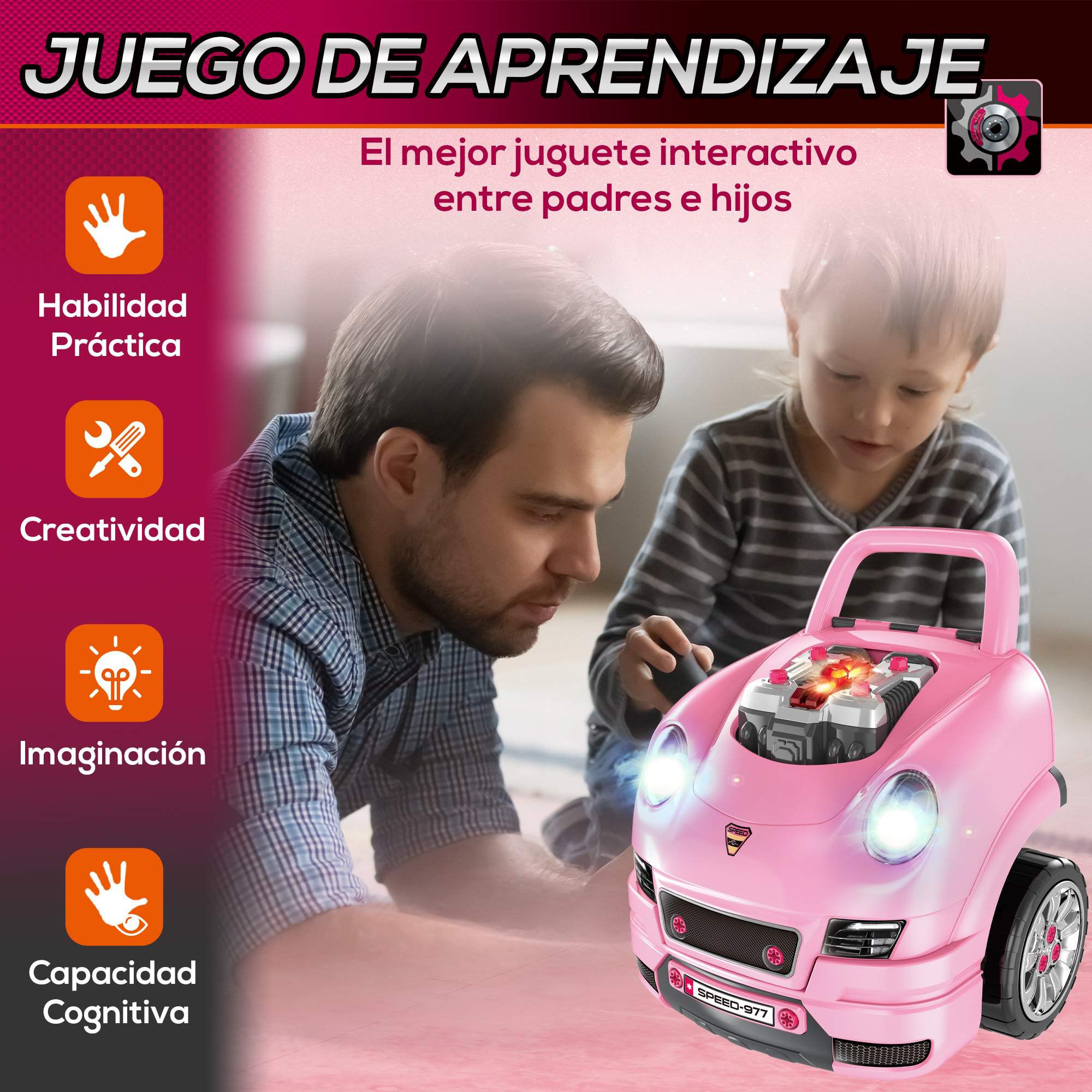 Un hombre y un niño juegan con un coche de juguete rosa. Texto a la izquierda describe las características.
