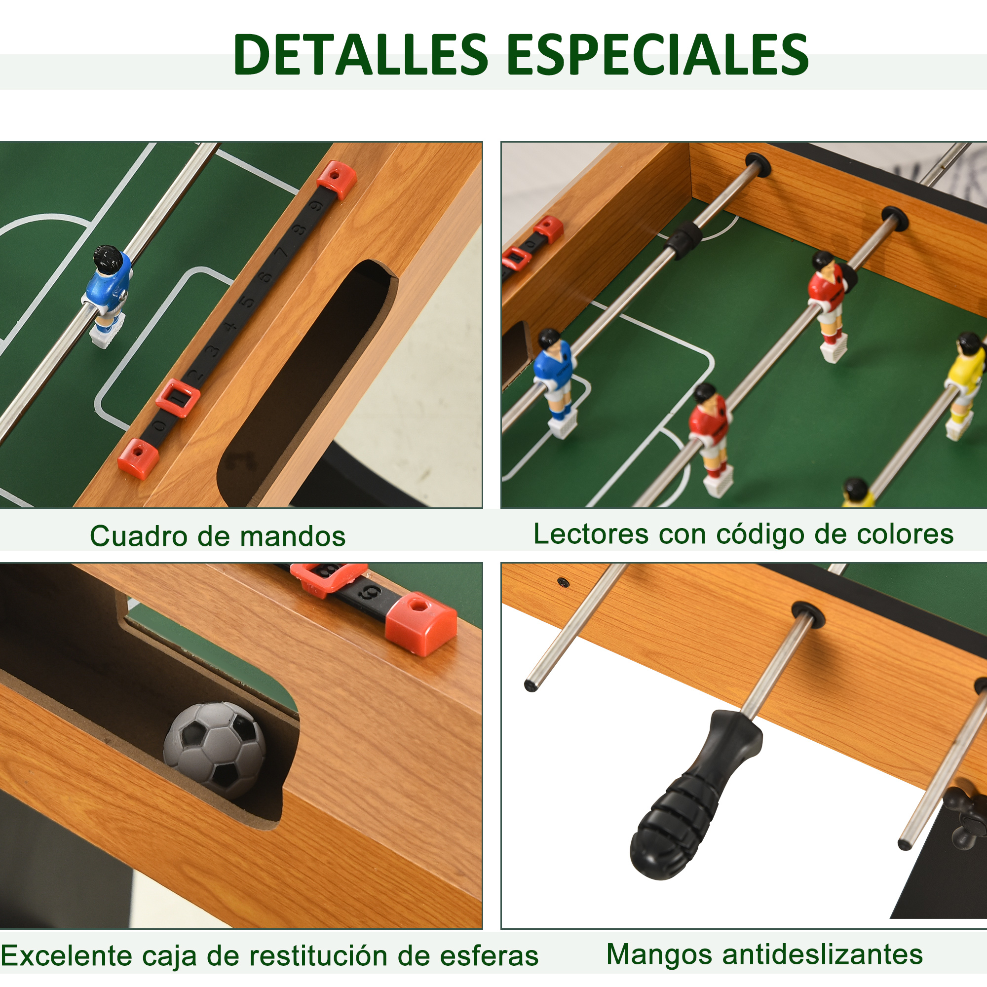 Primeros planos de detalles de futbolín: marcadores, jugadores codificados por color, retorno de balón y mangos antideslizantes.
