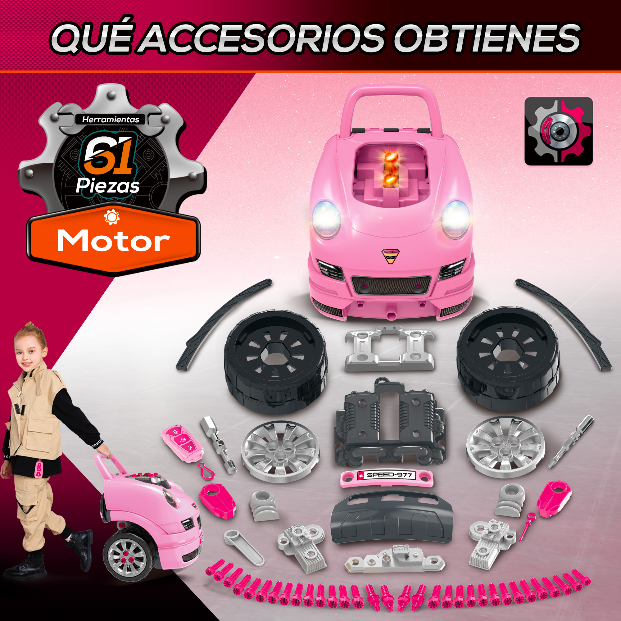 Un coche de juguete rosa con accesorios, incluyendo ruedas, piezas del motor y un juego de herramientas, con una niña.