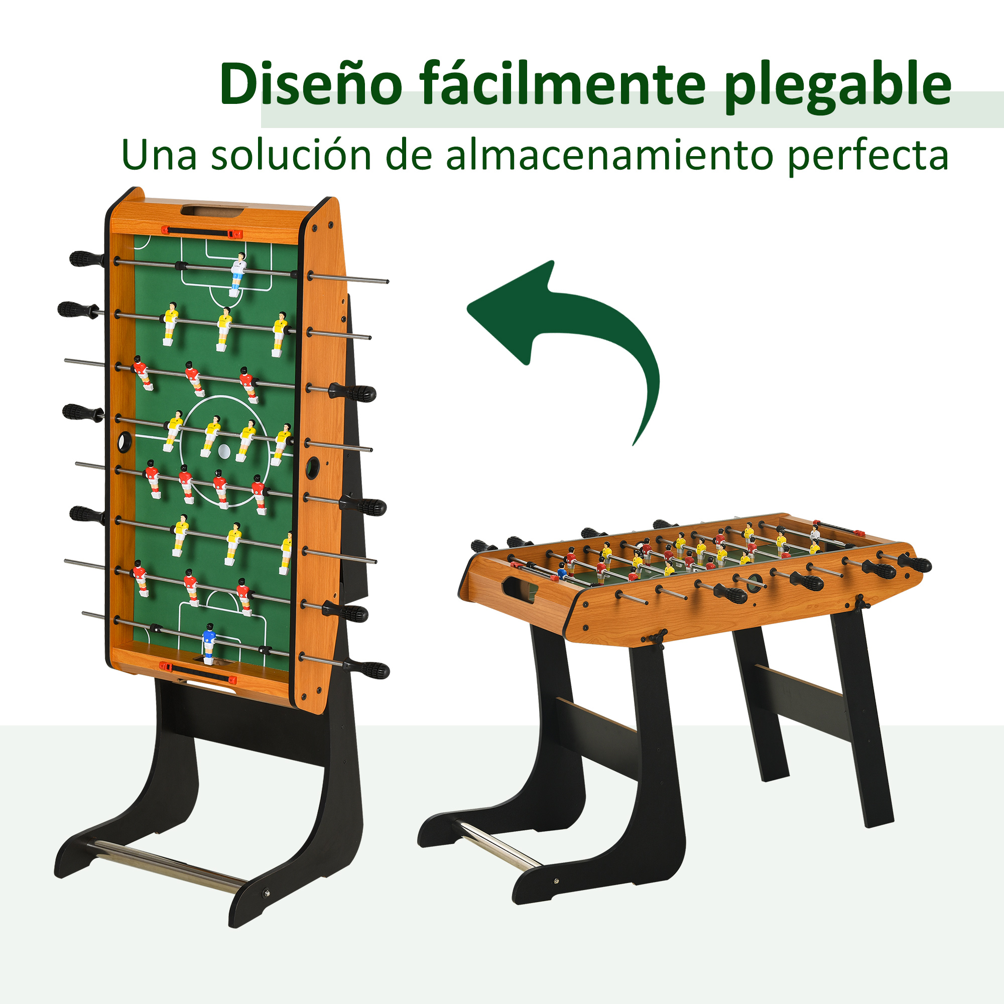 Una mesa de futbolín, mostrando su diseño plegable. Una imagen lo muestra abierto, la otra plegado.