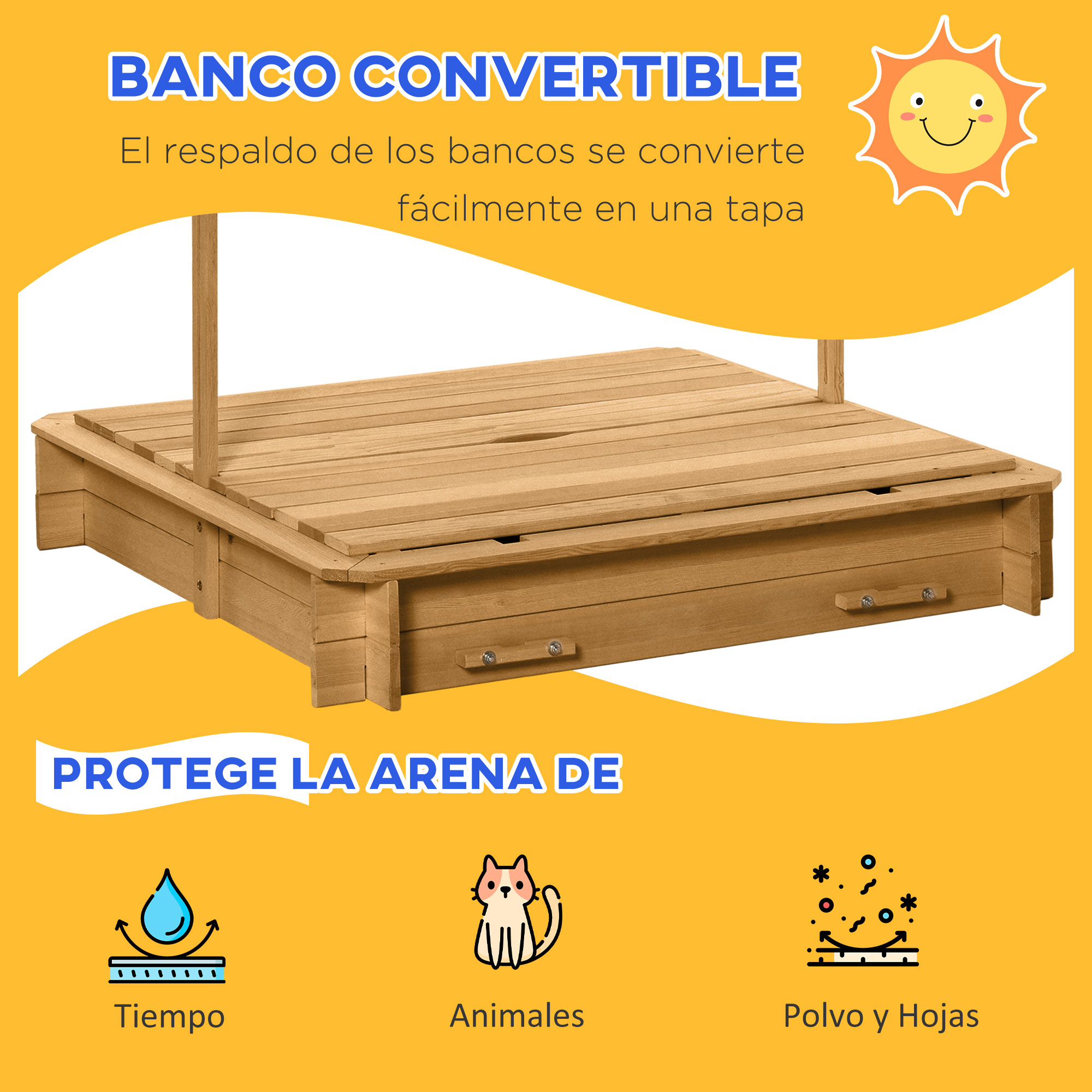Arenero de madera con tapa convertible en banco, protegiendo de los elementos.