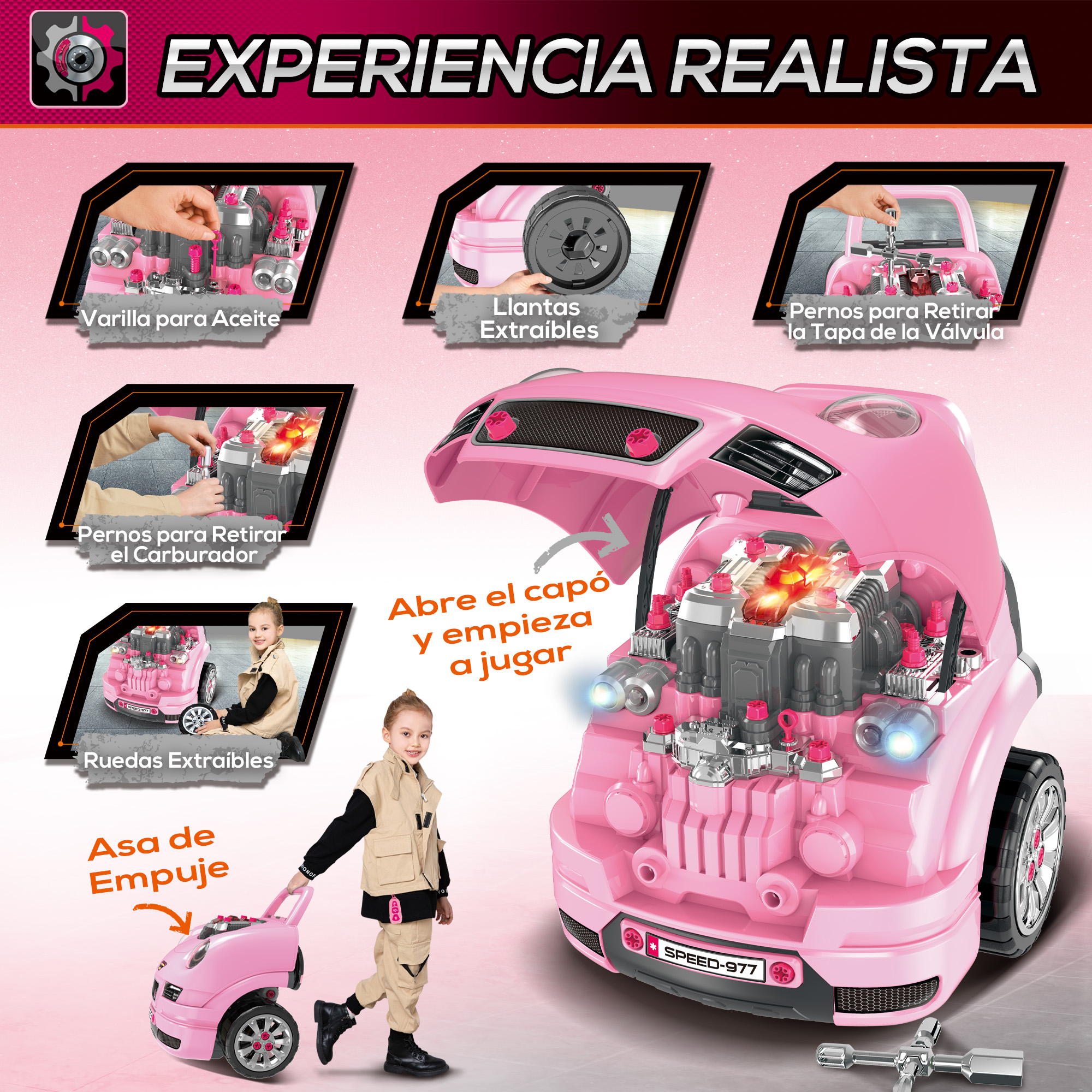 Un coche de juguete rosa con capó abierto y una niña jugando. Las piezas incluyen ruedas y detalles del motor.