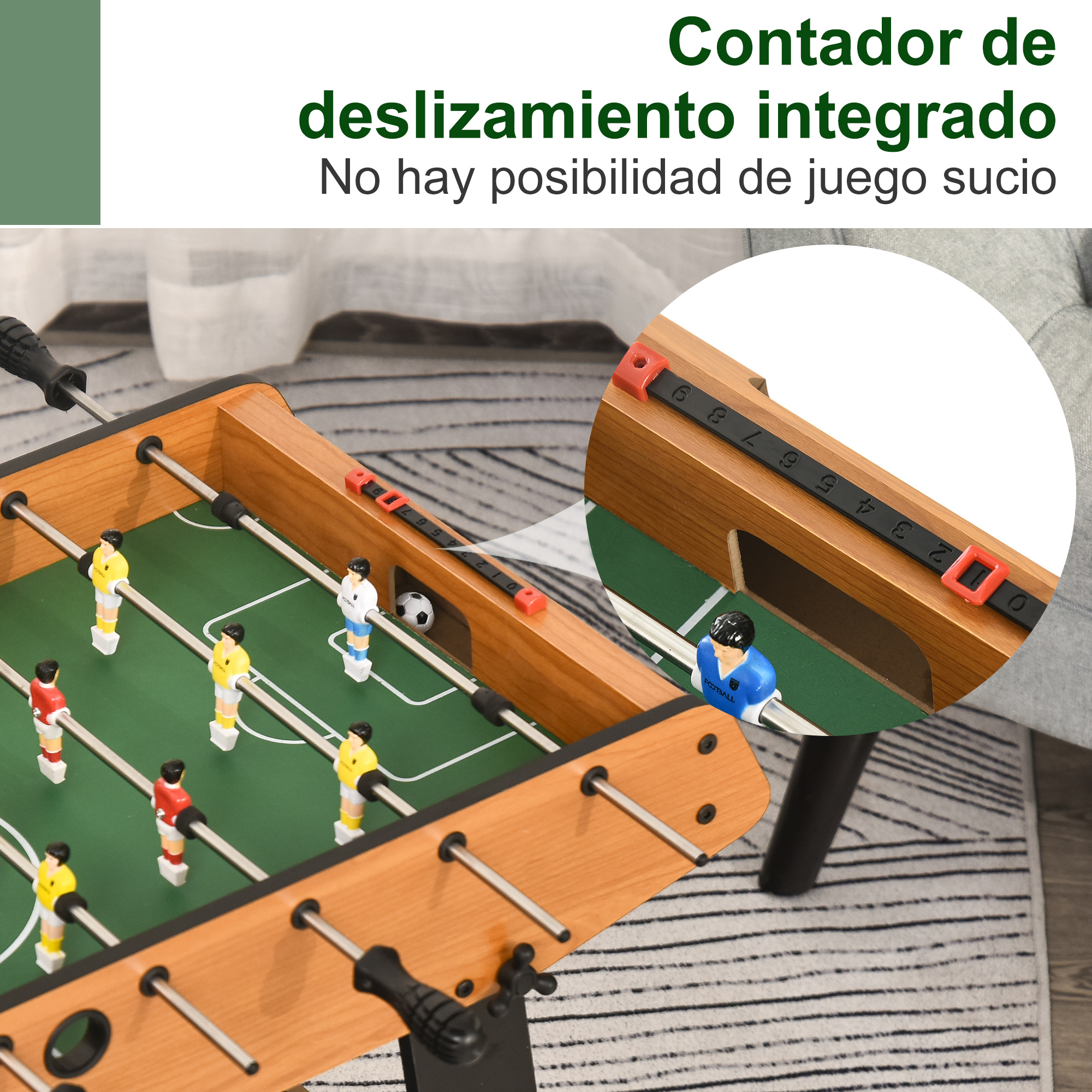 Mesa de futbolín con contador deslizante y campo verde.