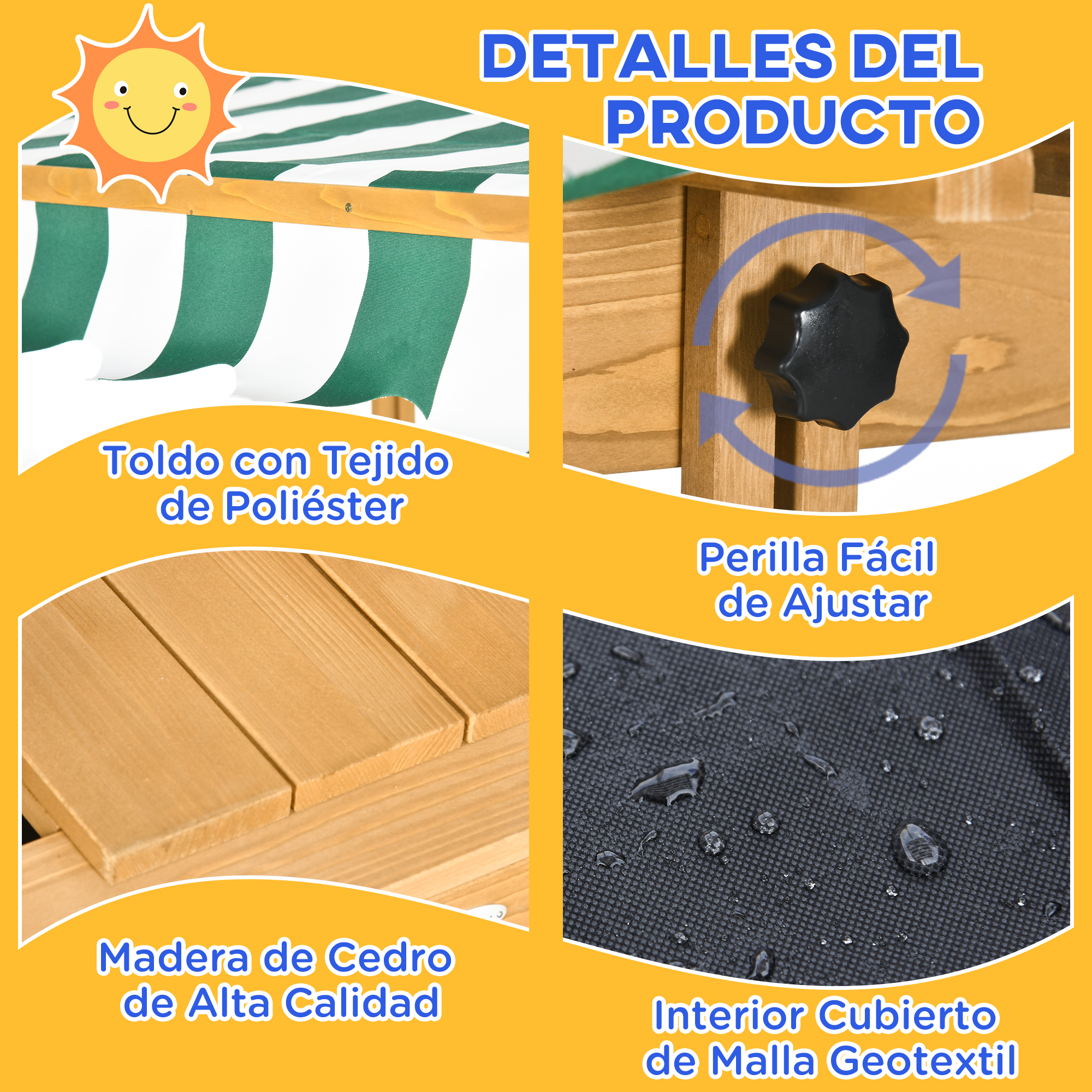 Primer plano de un toldo de madera. Detalles: lona, perilla de ajuste negra, marco de madera.