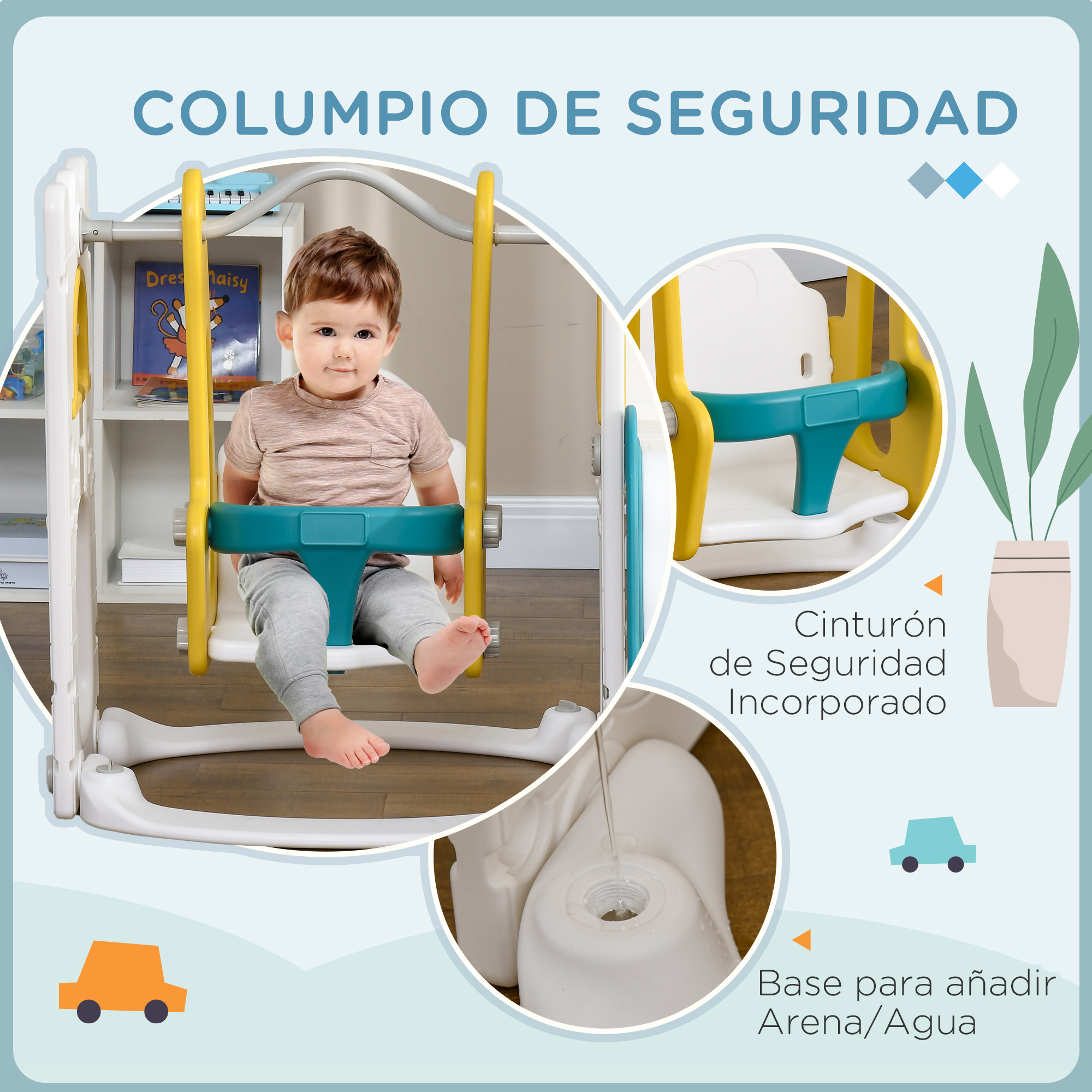 Bebé en columpio, con características etiquetadas: cinturón de seguridad, base de agua/arena y estantería.