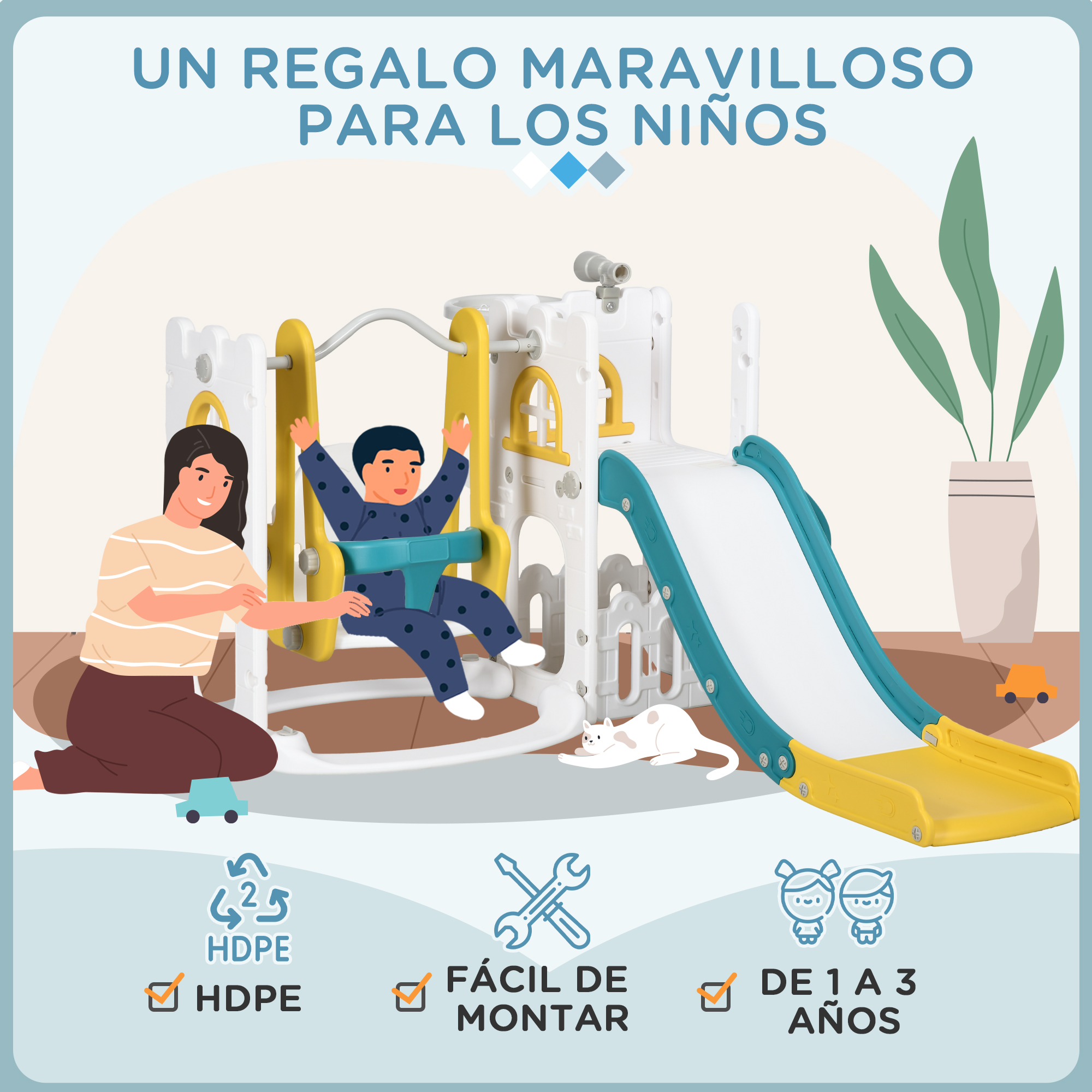 Un parque infantil con tobogán, columpio y otras características, con un padre y un hijo, y un gato cerca.