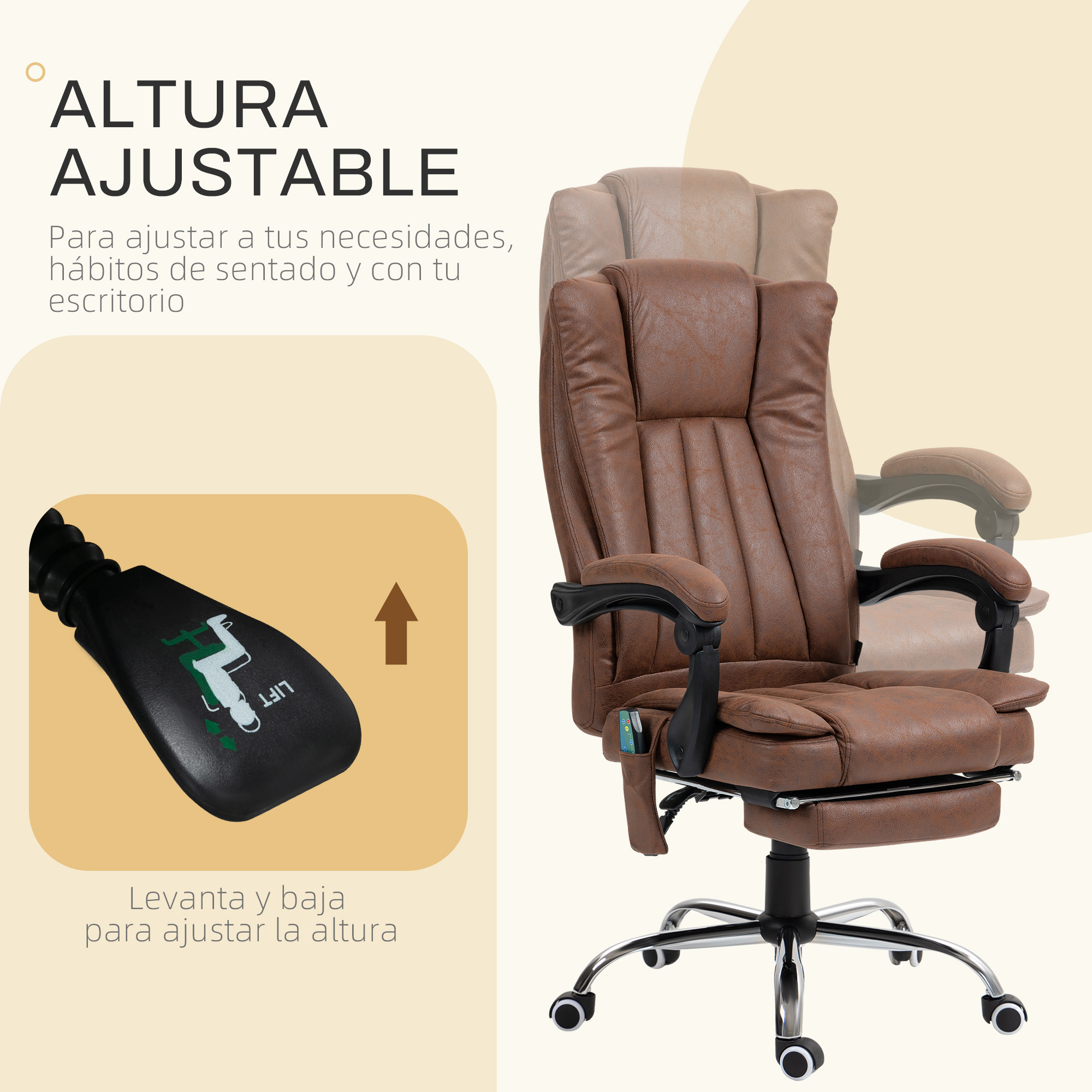 Silla de oficina marrón ajustable con soporte lumbar y reposapiés.