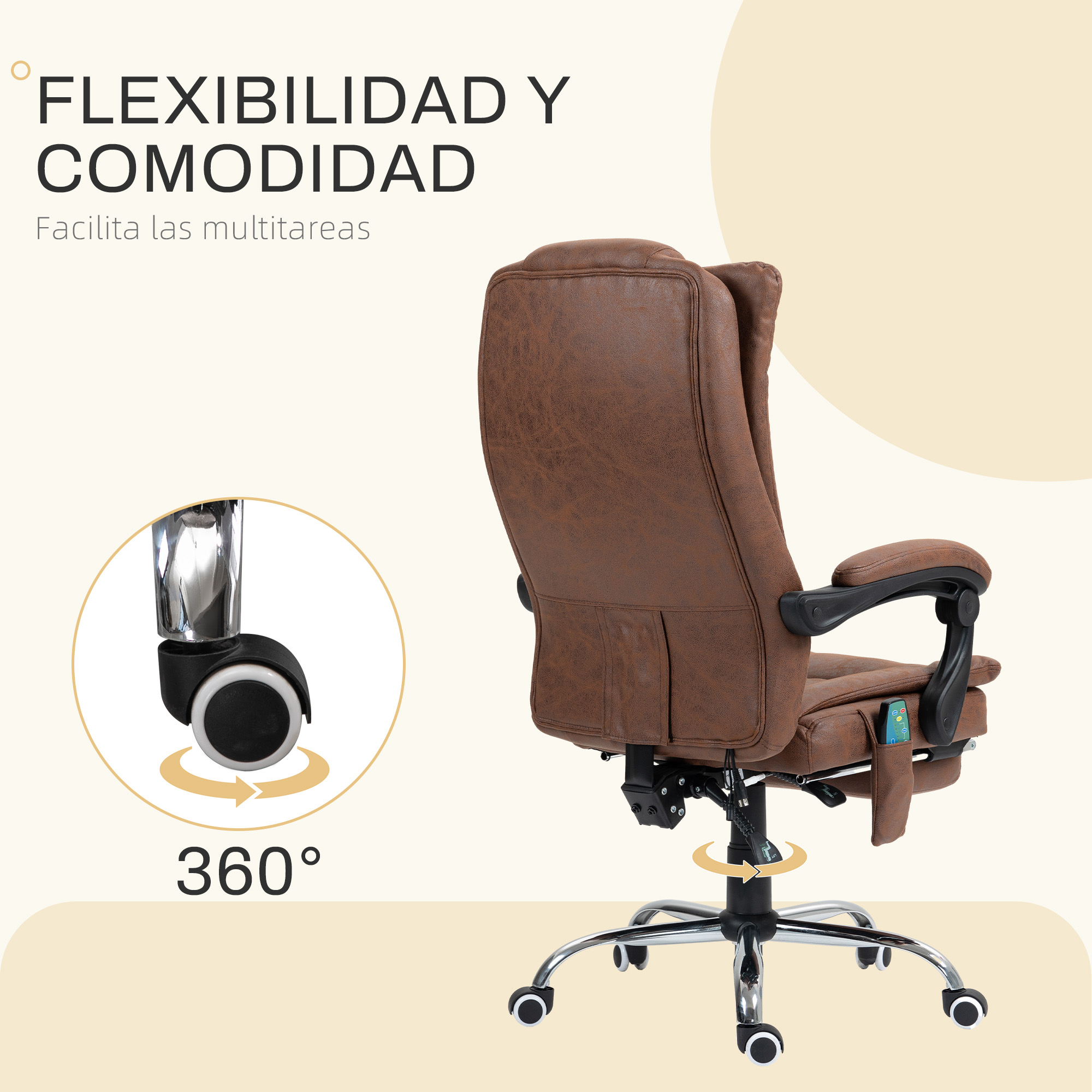 Una silla de oficina de cuero marrón con base giratoria de 360°. Tiene reposabrazos y características para la comodidad y flexibilidad.