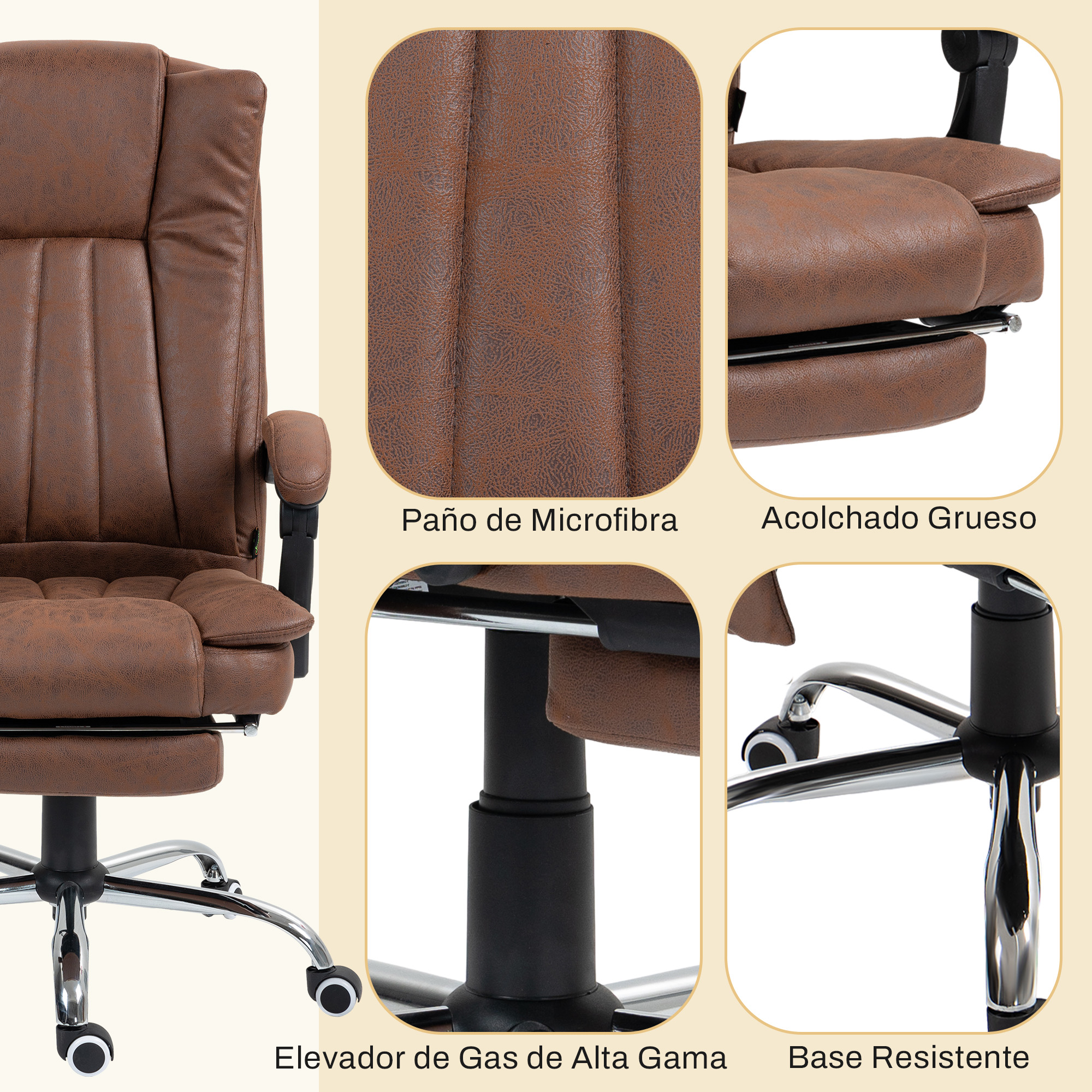Una silla de oficina marrón con detalles de materiales, elevador de gas y base.