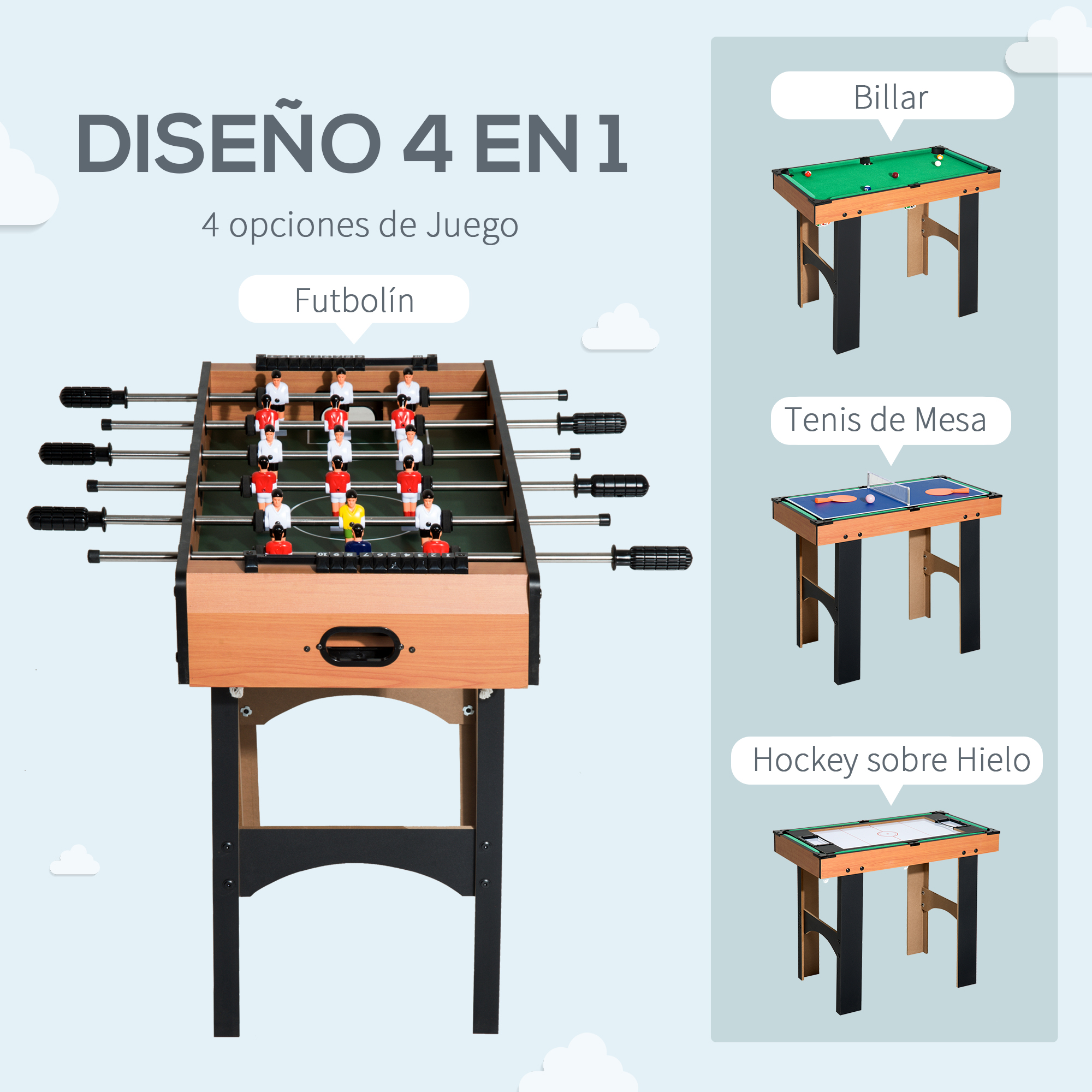 Una mesa de juego 4 en 1. Con futbolín, billar, tenis de mesa y hockey de aire. Mesa de madera, patas negras.