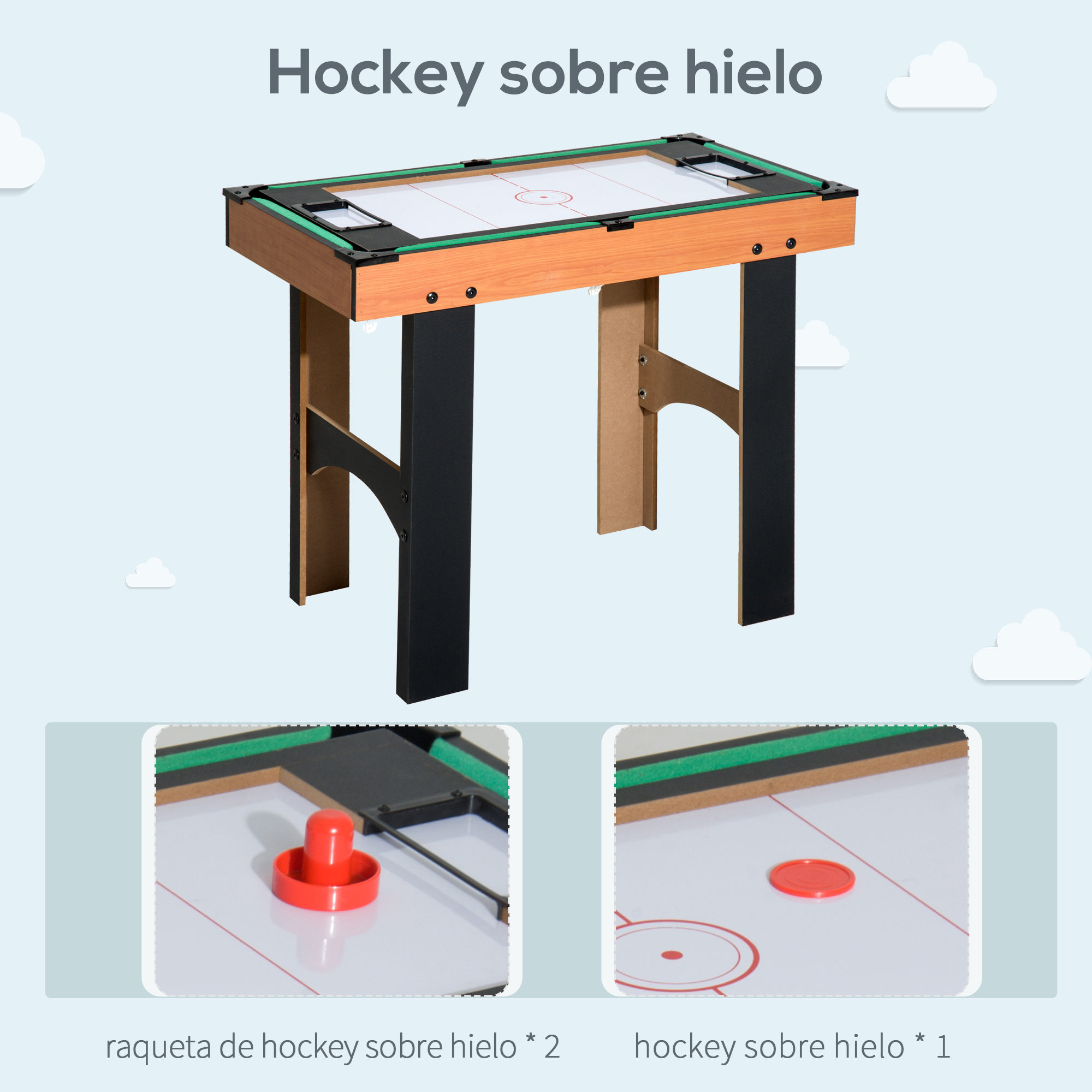Mesa de hockey de aire con accesorios. Texto: 'Hockey sobre hielo'. Dos imágenes de palos de hockey.