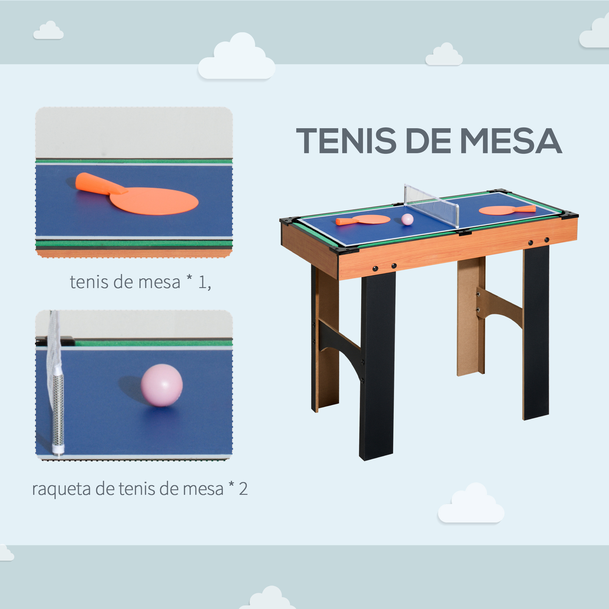Una mesa de tenis de mesa con paletas, una pelota y una red, con etiquetas en español.