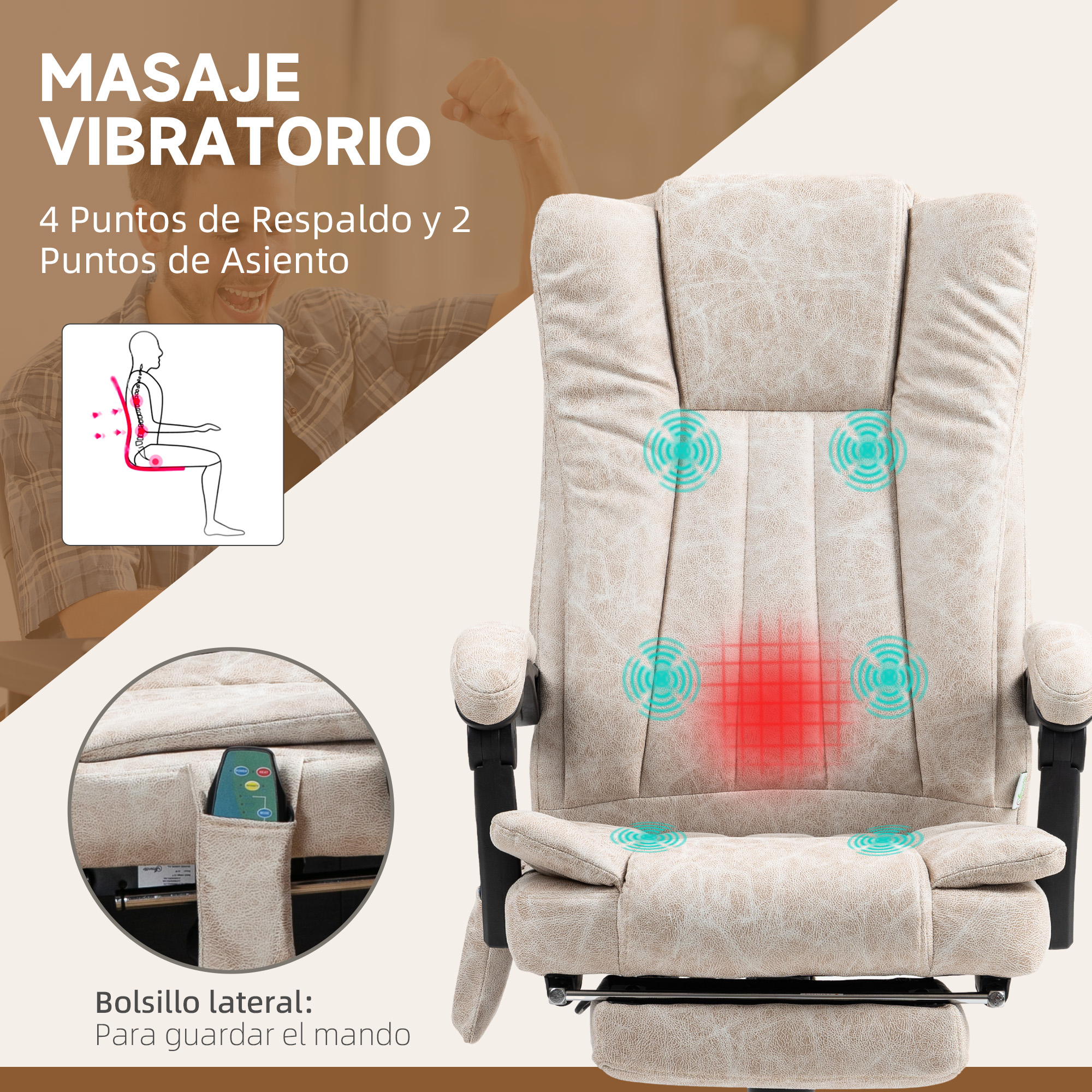 Una silla de masaje beige con la imagen de un hombre. Texto: 4 puntos de espalda y 2 de asiento. Bolsillo lateral.