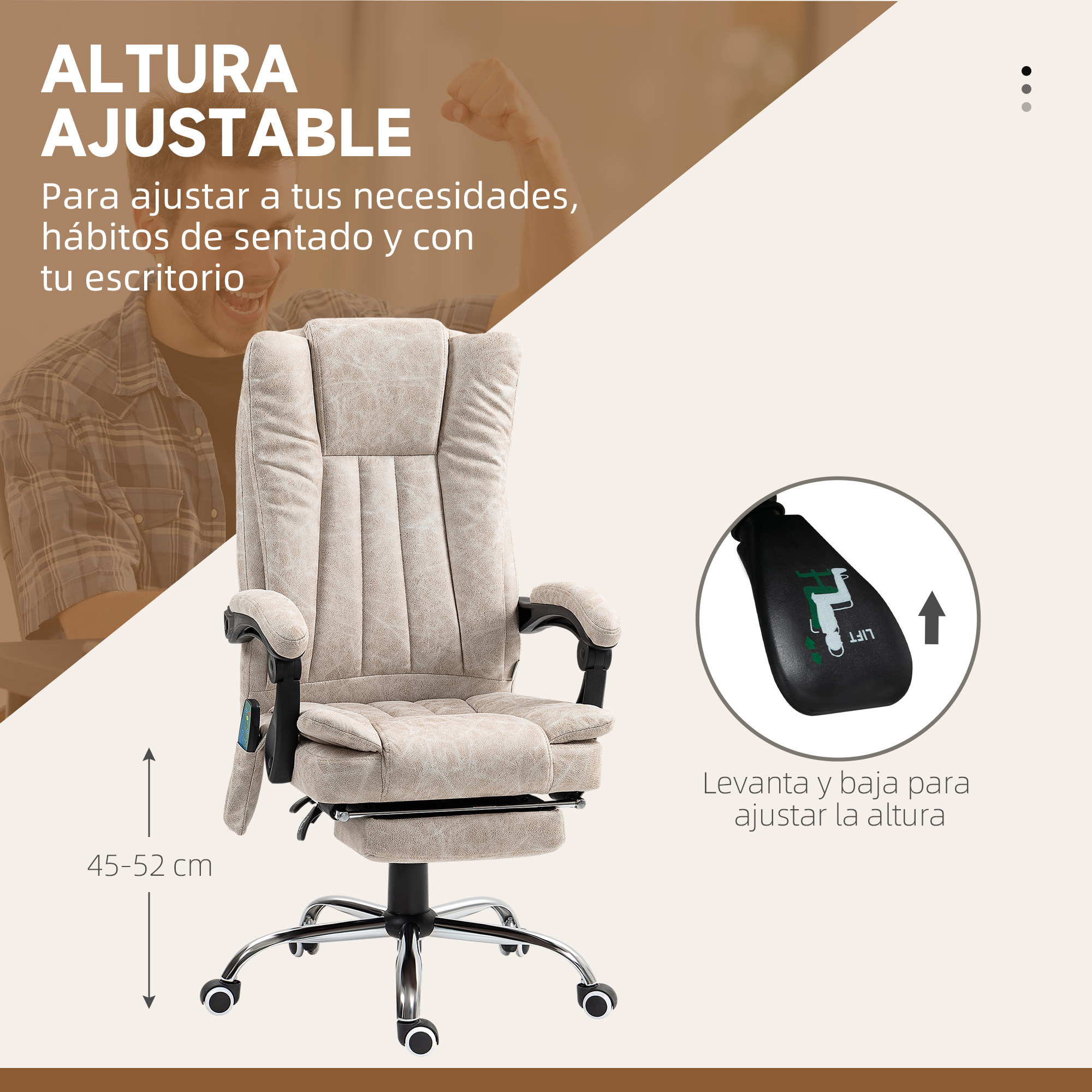 Una silla de oficina beige con reposabrazos y reposapiés. Está sobre una base cromada.
