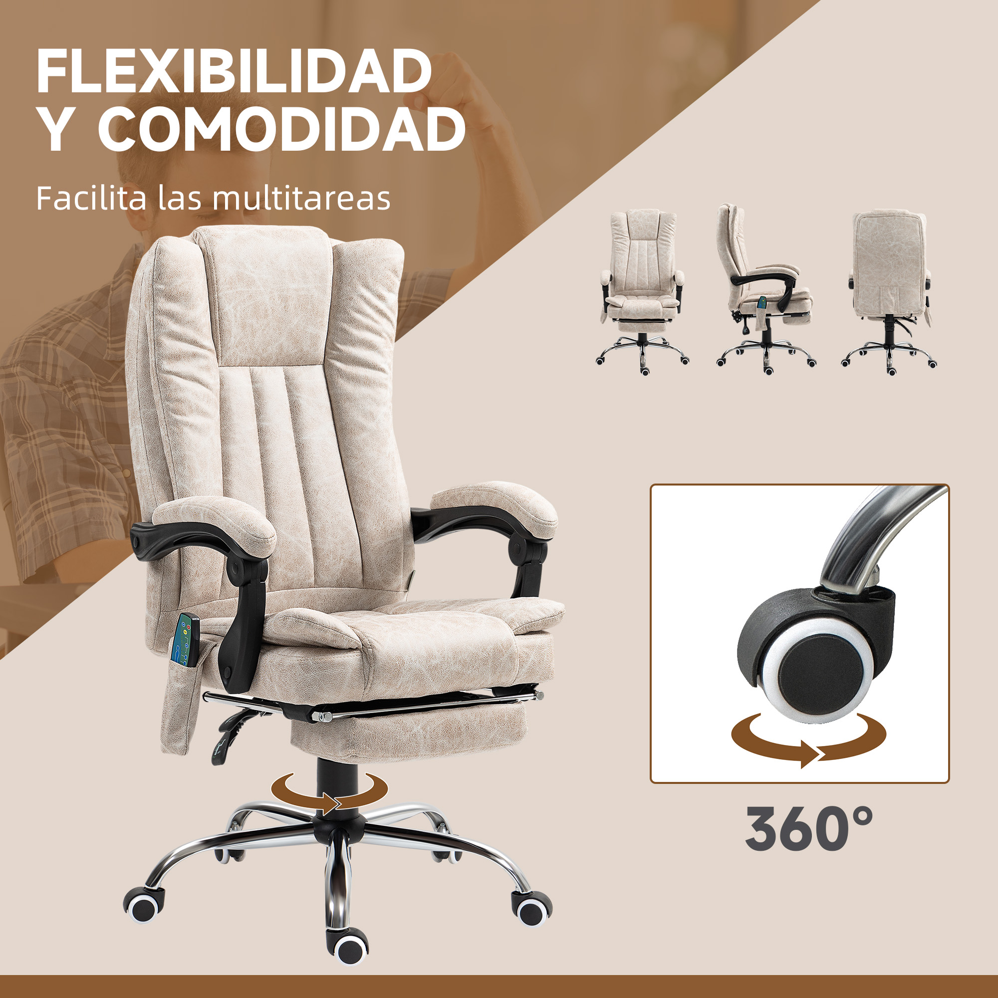 Silla de oficina beige con múltiples vistas. Rotación de 360°. Texto en español.