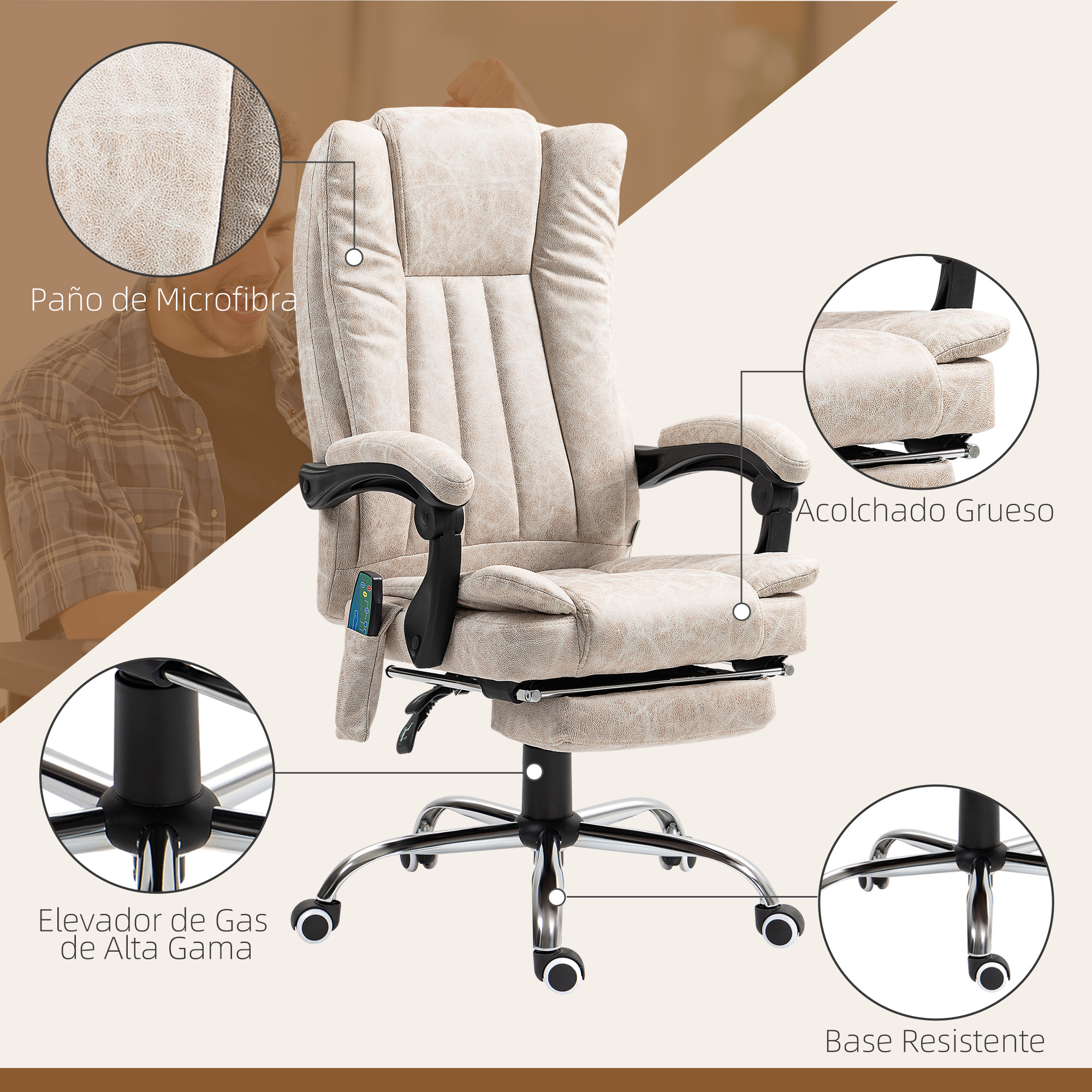Una silla de oficina beige con vistas detalladas. Muestra tela de microfibra, acolchado grueso y una base de elevación de gas.