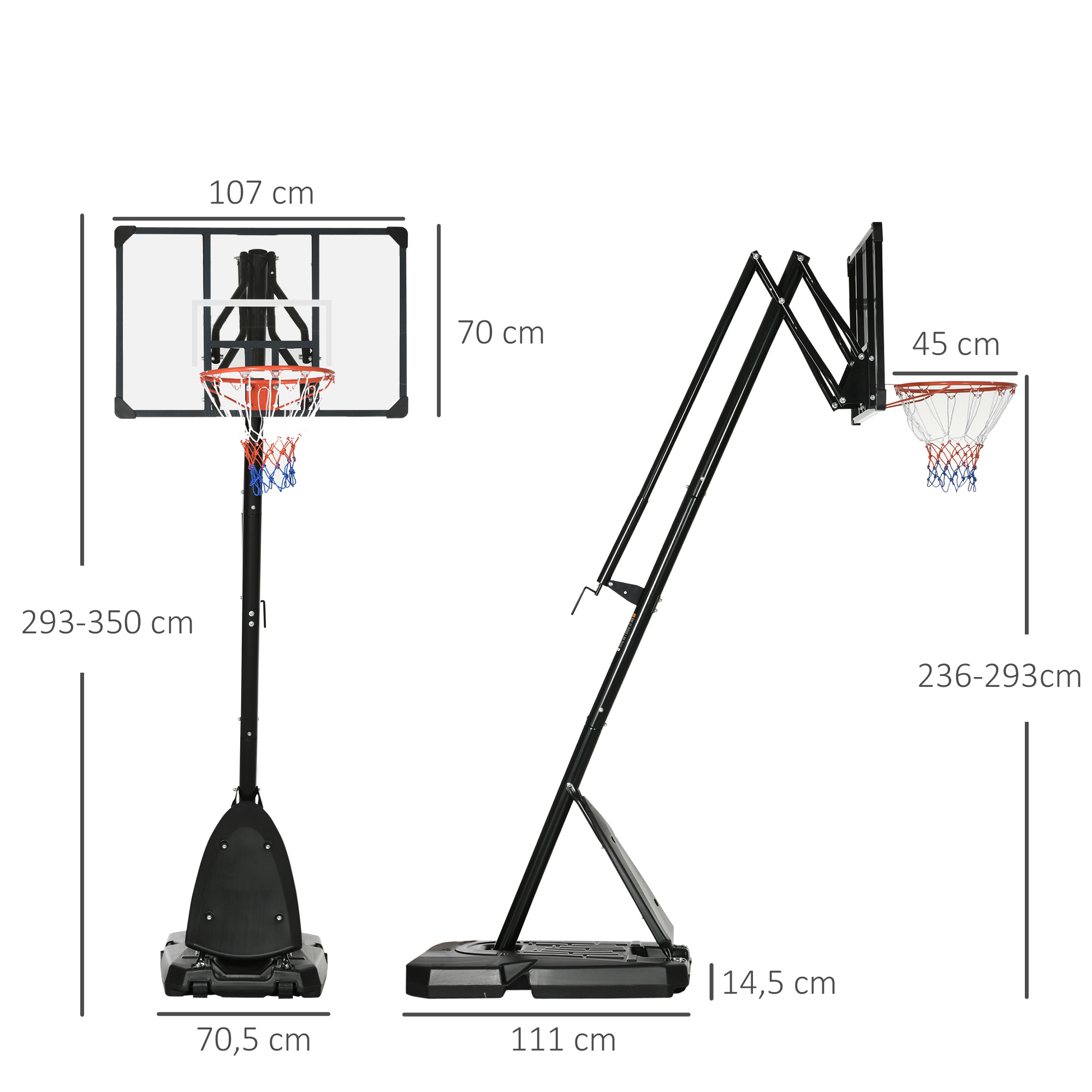 Ein schwarzer Basketballkorb mit Netz, höhenverstellbar und mit Sockel. Abmessungen und Maße werden angezeigt.