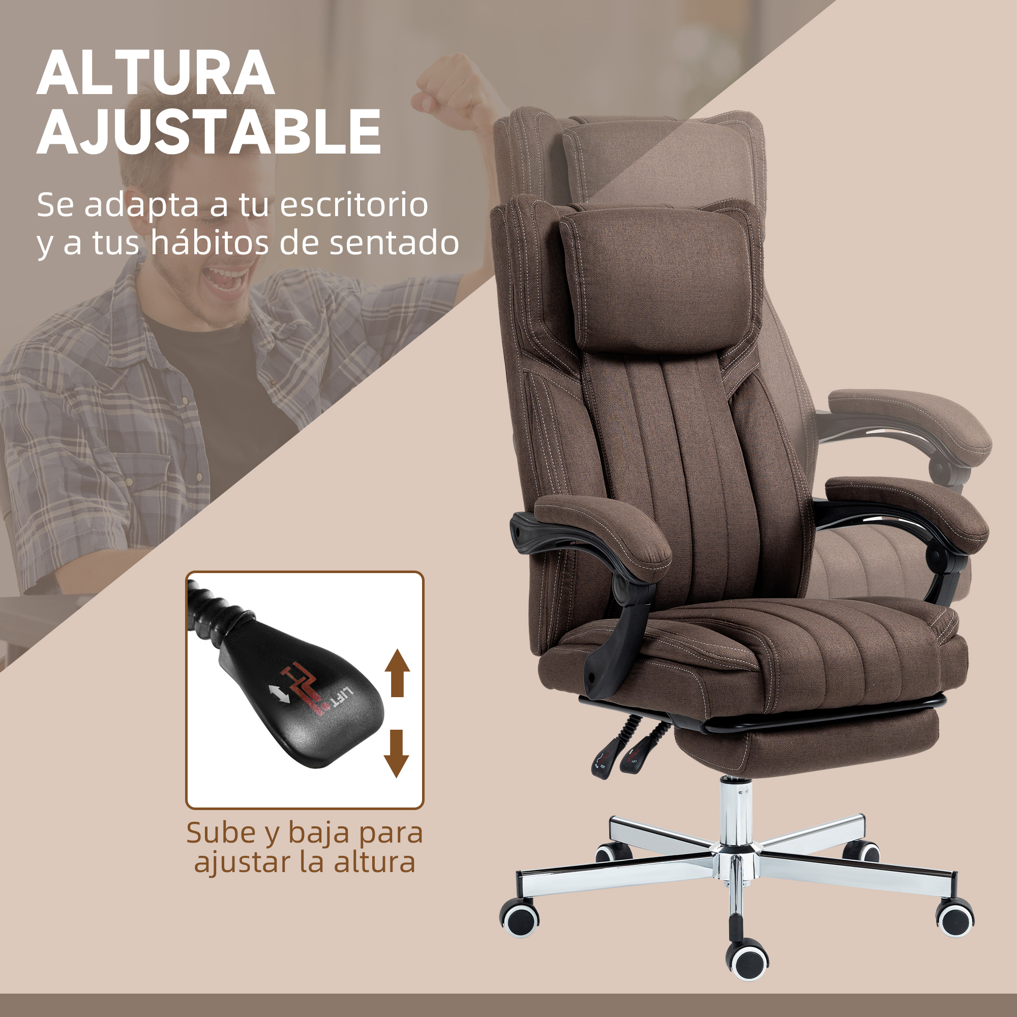 Una silla de oficina marrón con altura ajustable y un diagrama que muestra el mecanismo de ajuste de altura.