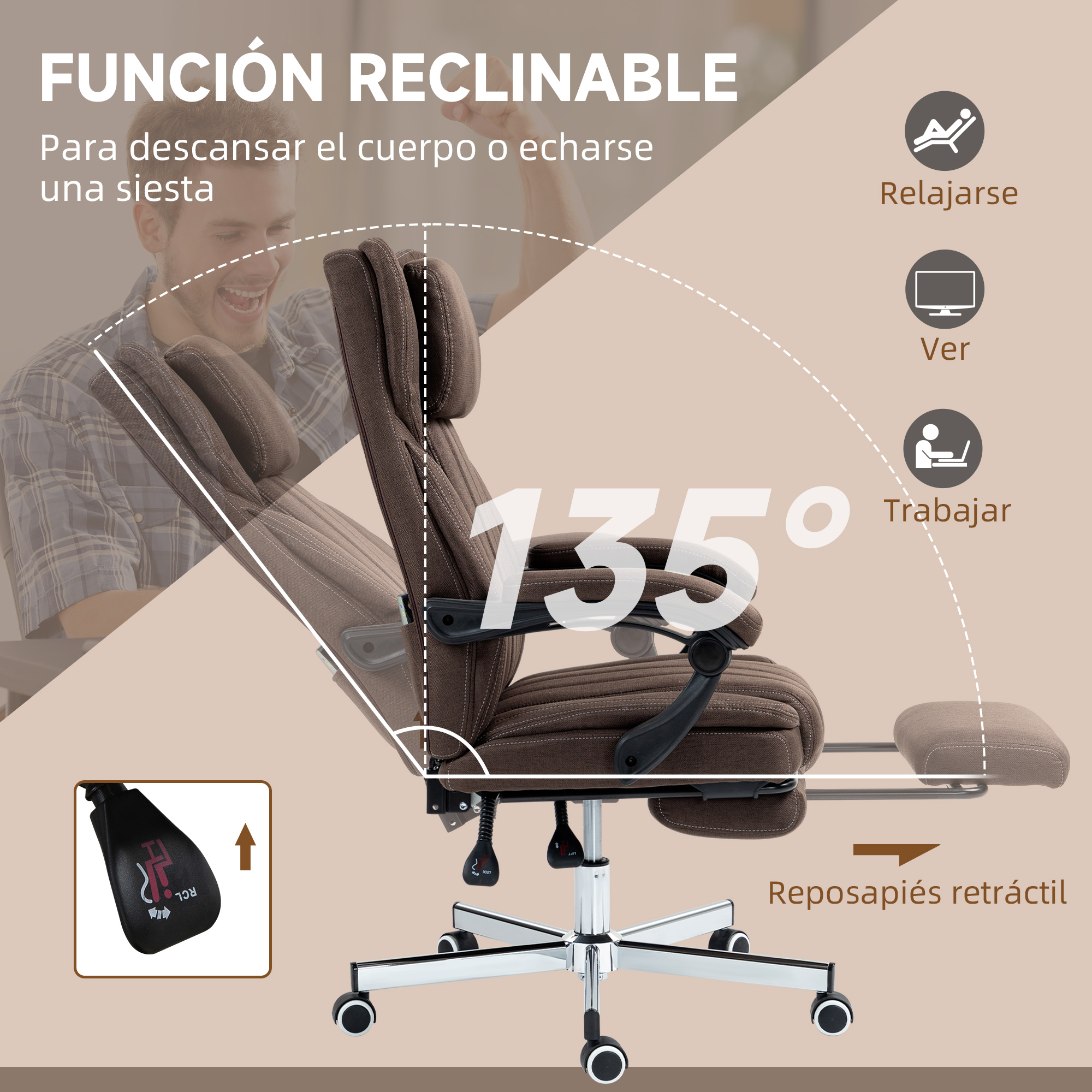 Silla de oficina marrón reclinada a 135 grados, mostrando una ilustración de persona.