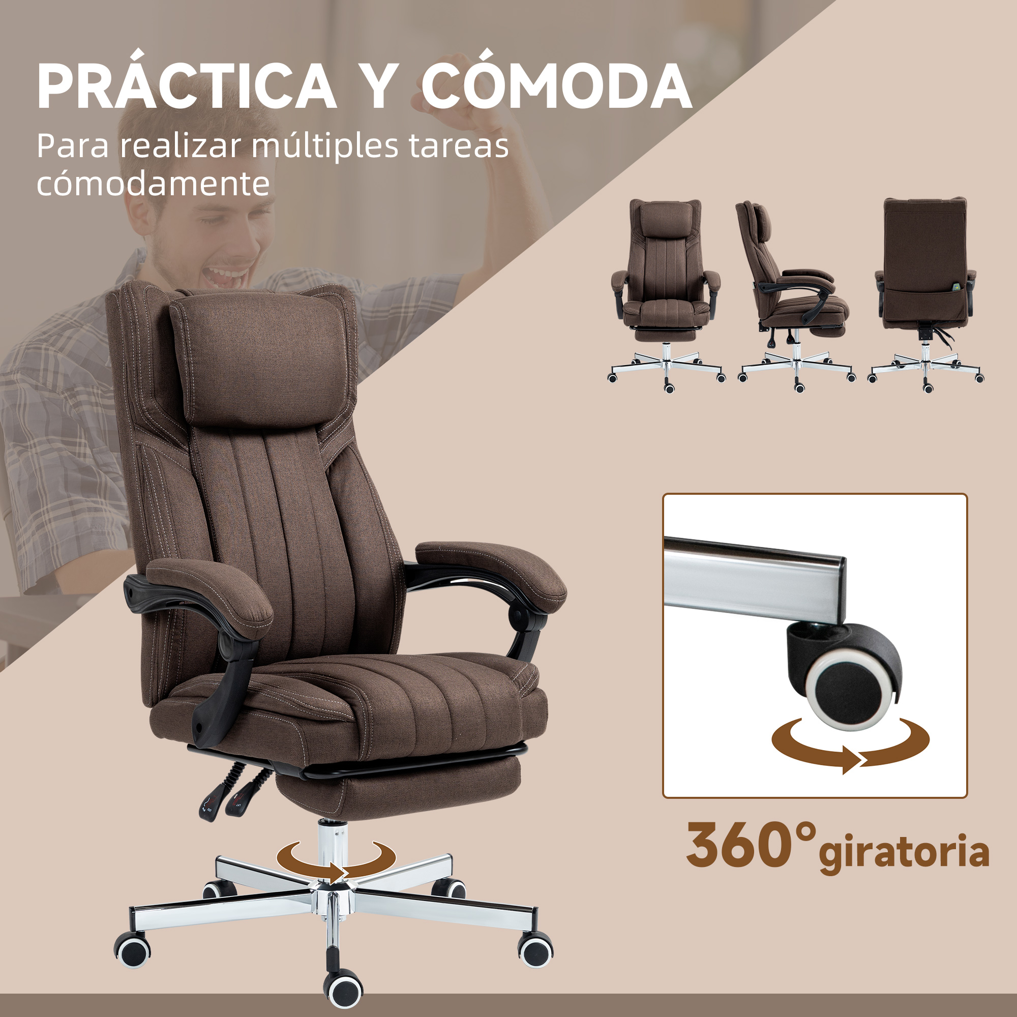 Silla de oficina marrón con reposacabezas, reposabrazos y ruedas. Muestra ángulos y giro.