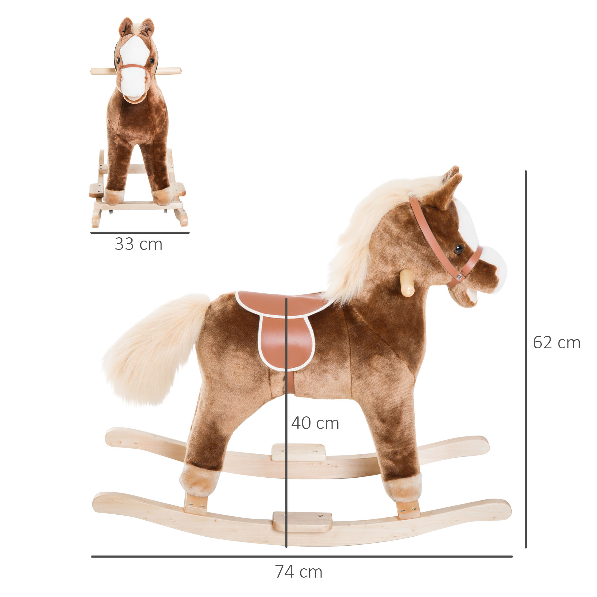 Un caballo balancín marrón de juguete con dimensiones. Muestra un caballo pequeño y un caballo grande con medidas.