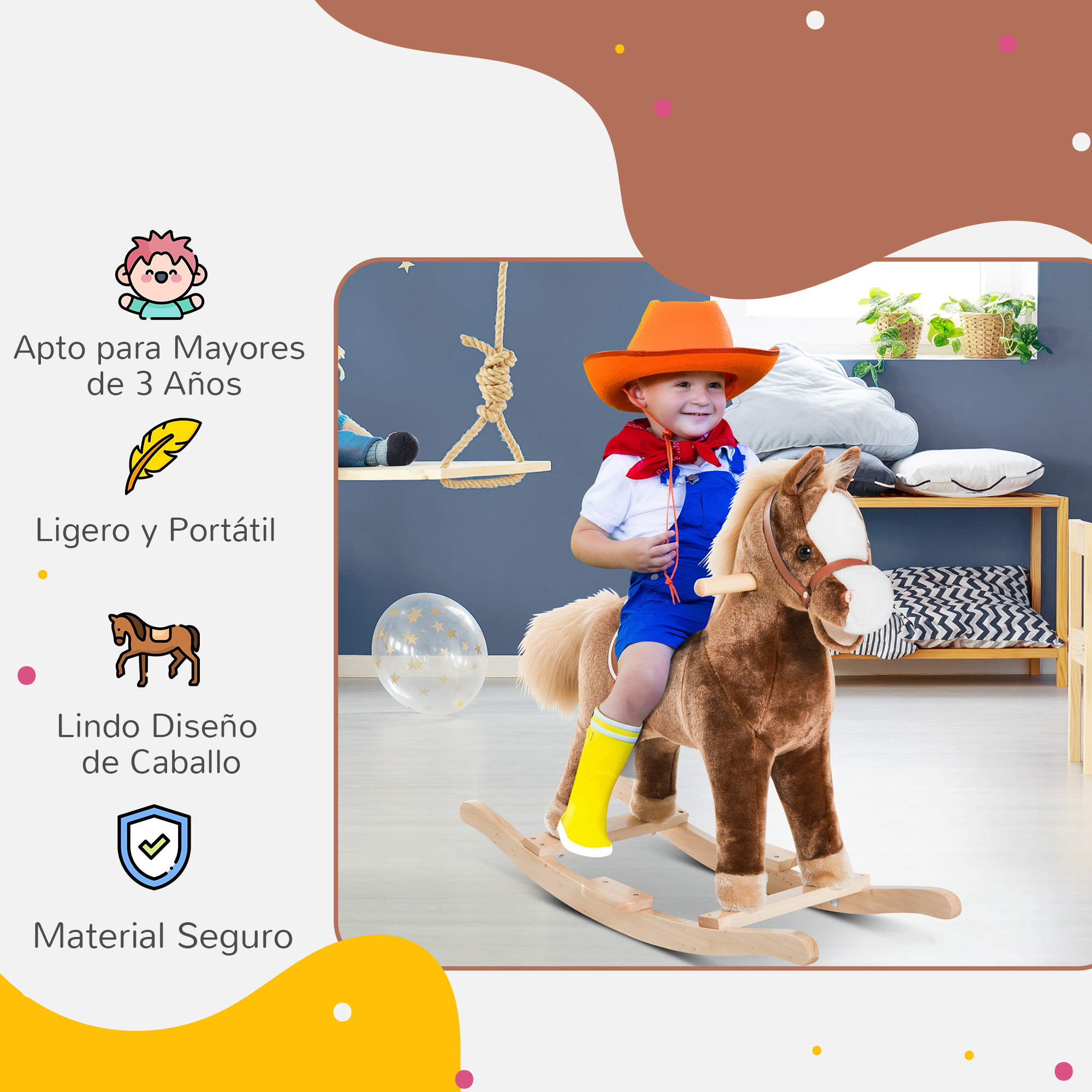 Un niño en un caballito balancín con detalles de edad, peso ligero, diseño de caballo y seguridad.