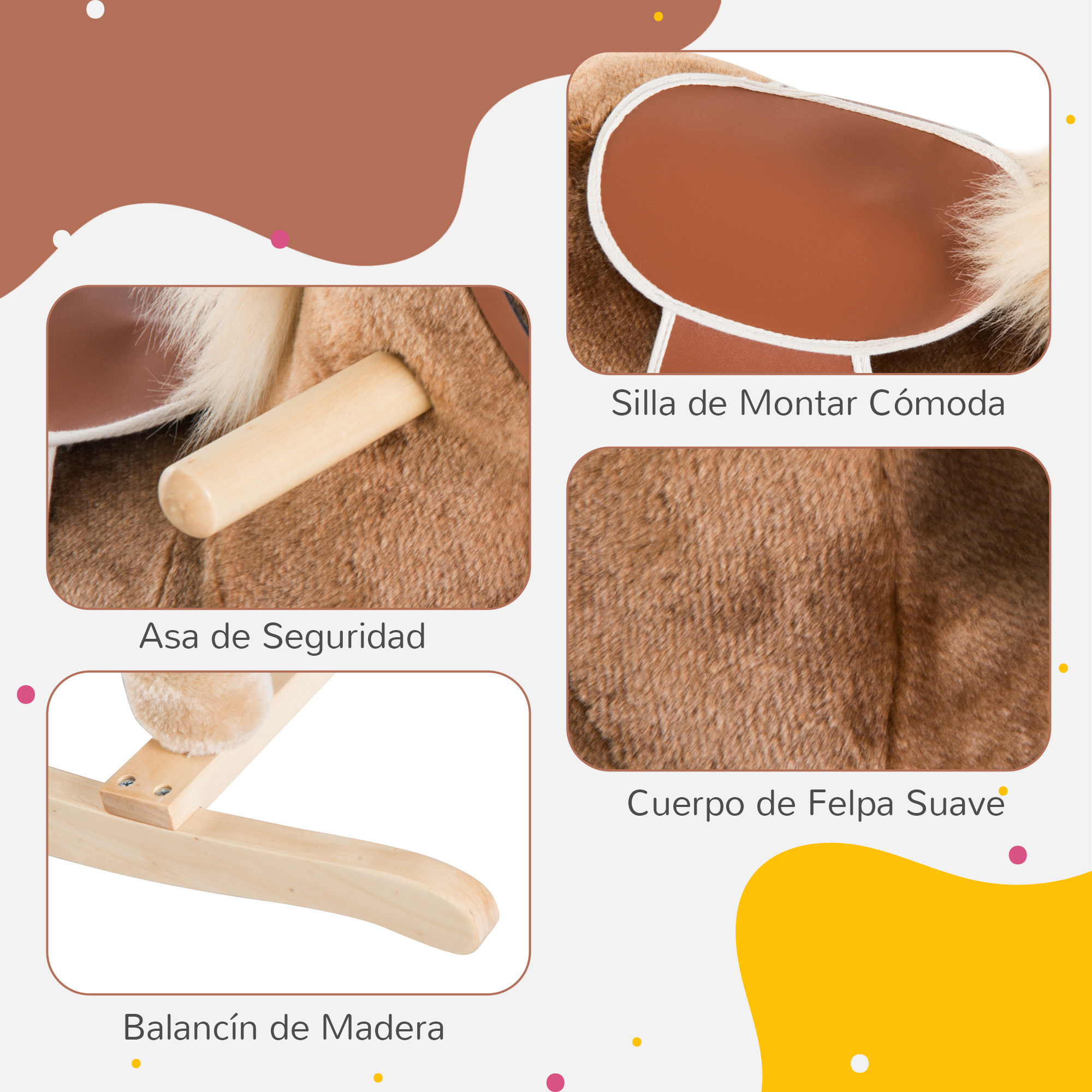 Detalles del caballito balancín de juguete: base de madera, asa de seguridad, sillín cómodo, cuerpo de felpa suave.