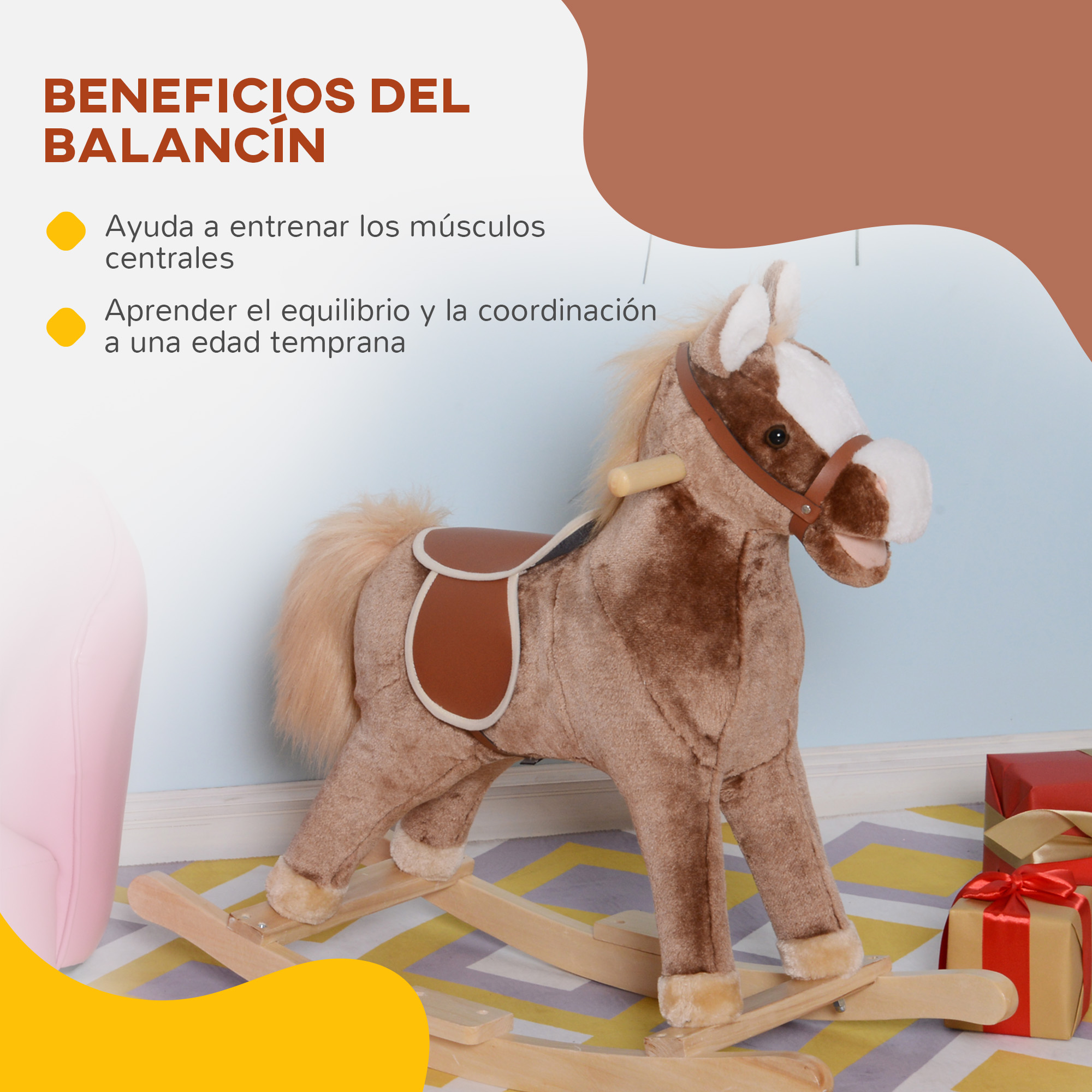 Caballo balancín marrón. Texto con beneficios: entrenamiento muscular y aprendizaje del equilibrio.