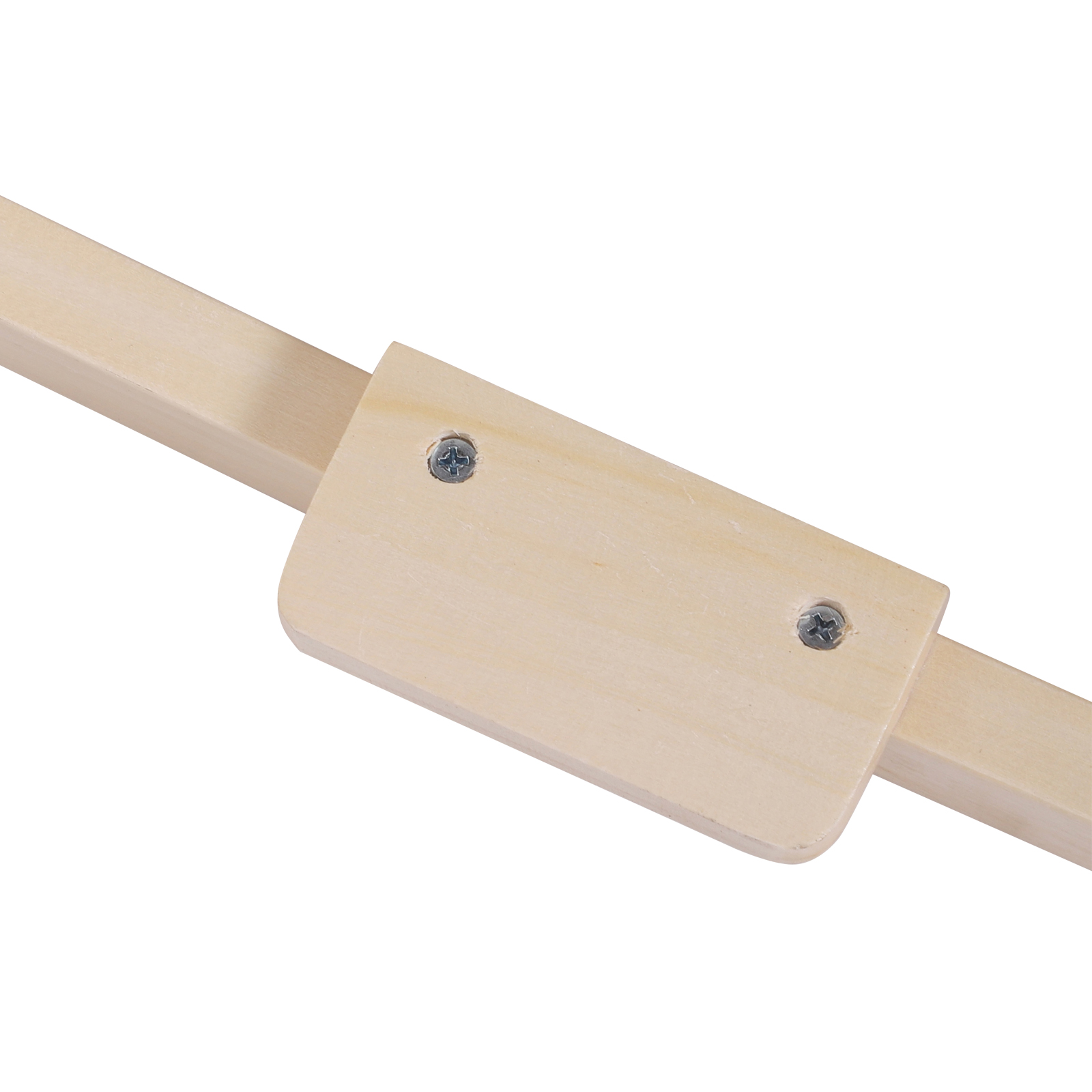 Legno chiaro con un pezzo rettangolare. Due viti sono visibili. Primo piano.