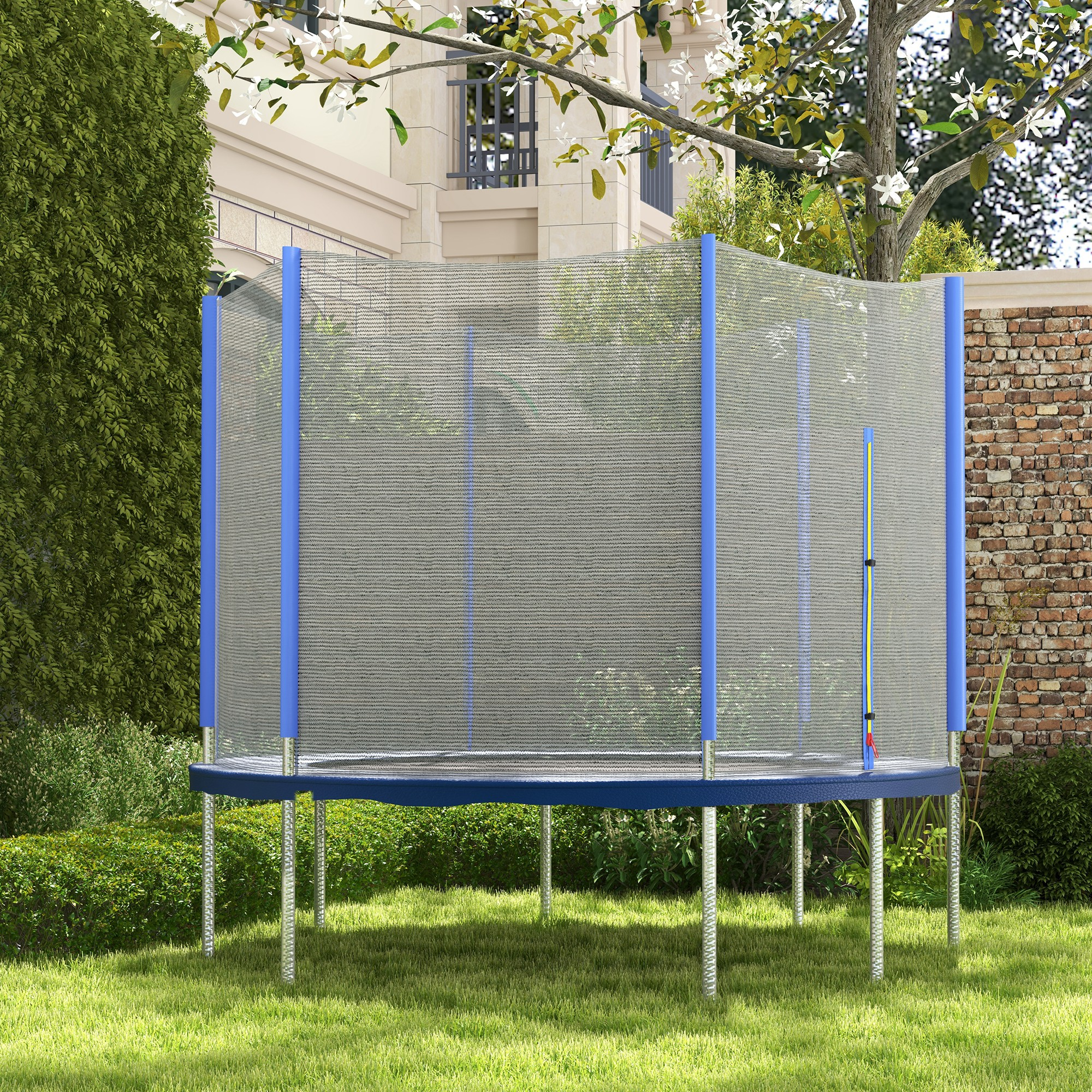 Un trampolín rodeado por una red de seguridad, en una zona con césped.