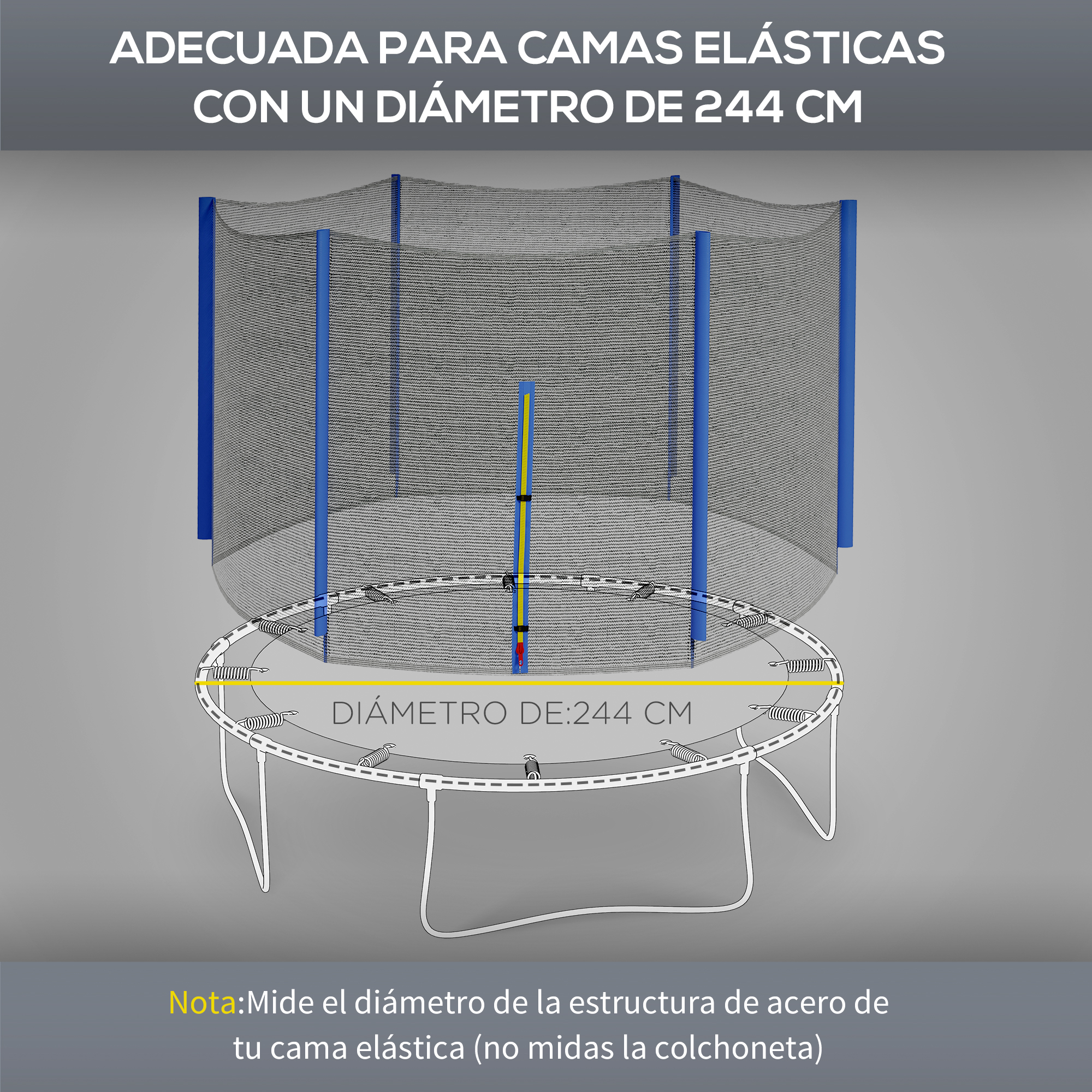Un marco de trampolín blanco con una red de seguridad azul. El texto indica que se adapta a un diámetro de 244 cm.