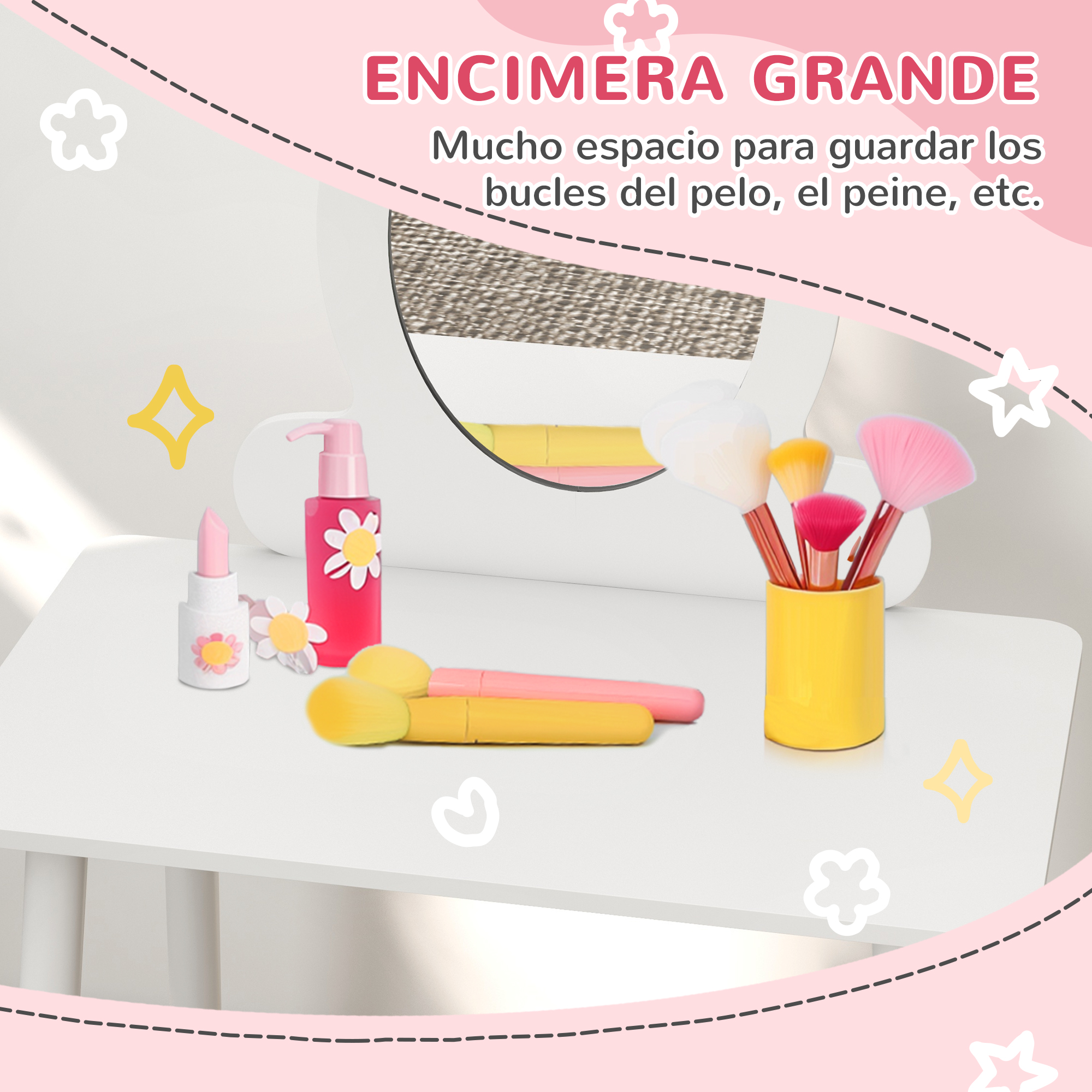 Mesa de maquillaje con espejo, lápiz labial, brochas y otros artículos de belleza.
