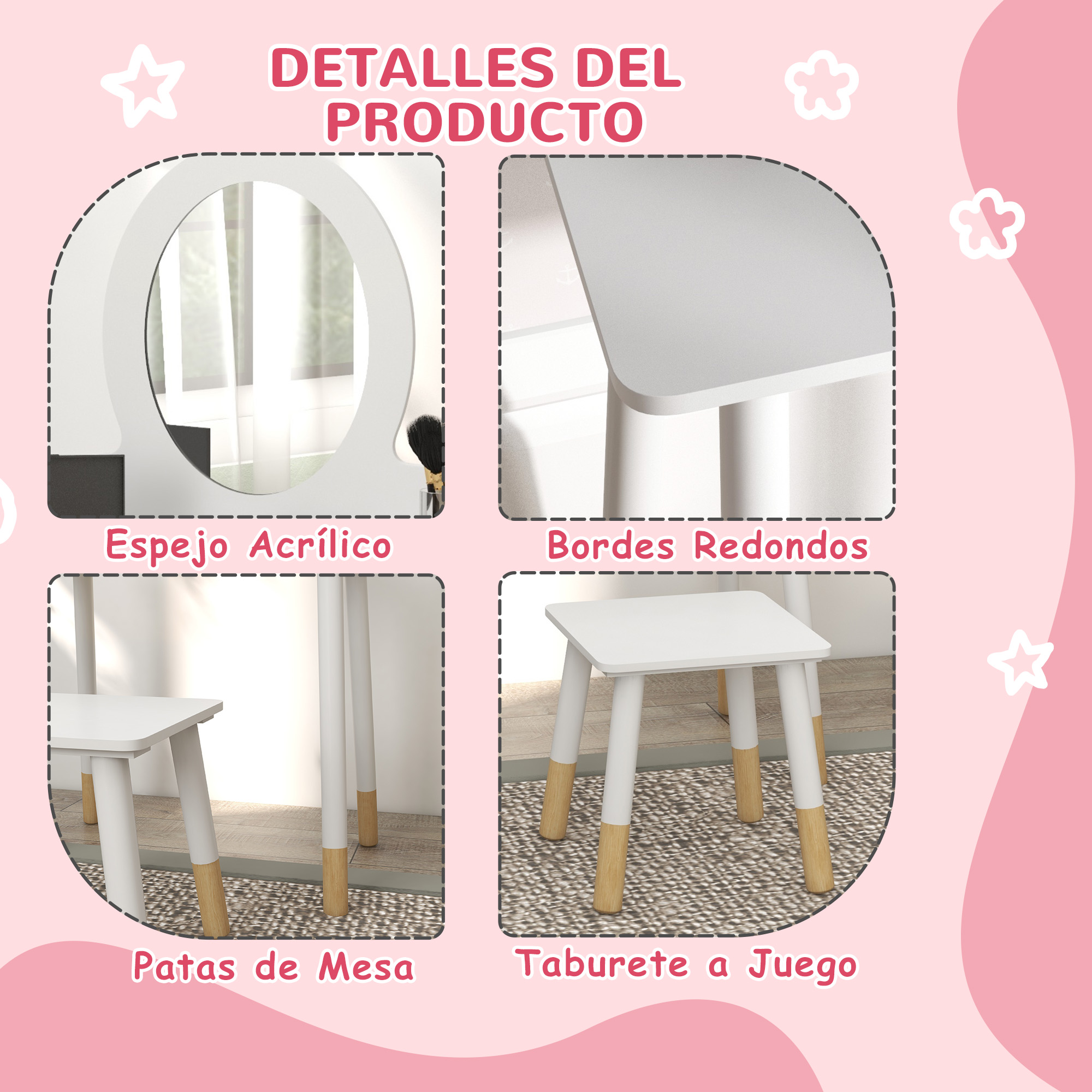 Detalles de una mesa y taburete para niños blancos. Muestra el espejo, los bordes, las patas y el taburete.