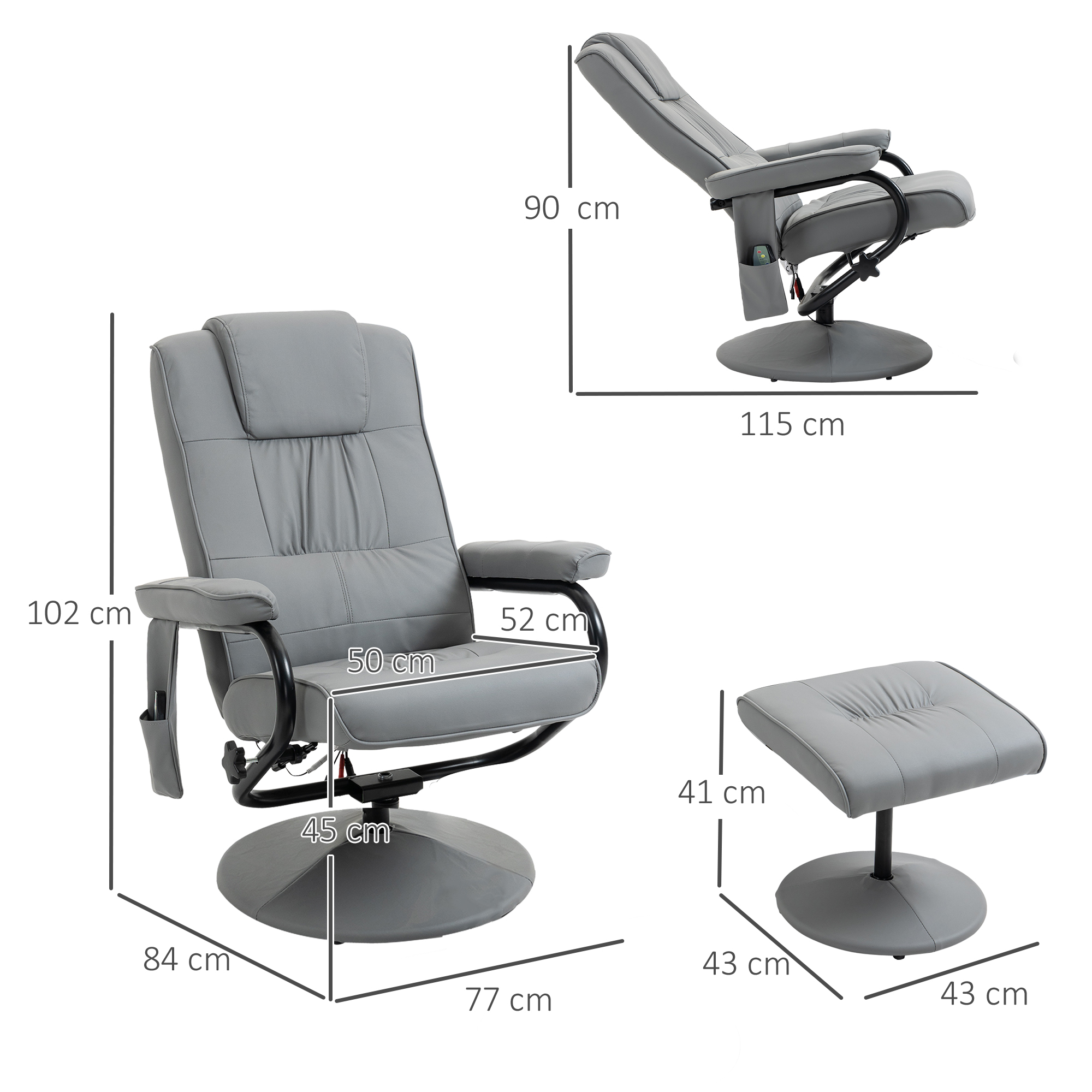 Sillón de masaje gris con reposapiés. Las dimensiones están etiquetadas sobre fondo blanco.