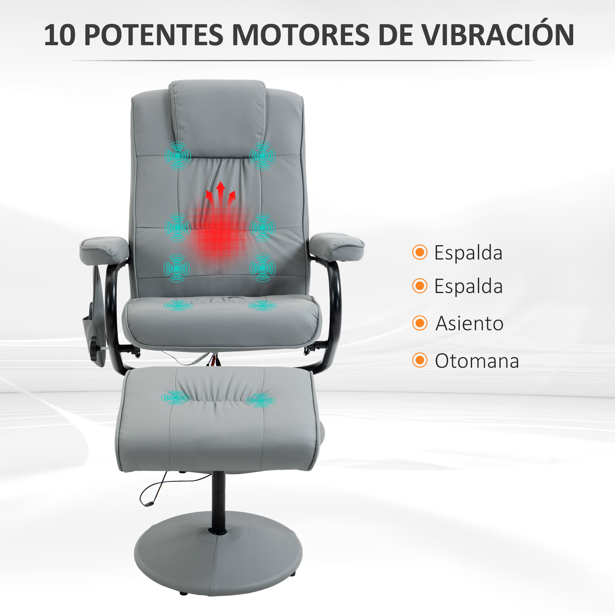 Sillón de masaje gris con reposapiés y etiquetas de texto que indican los puntos de masaje.