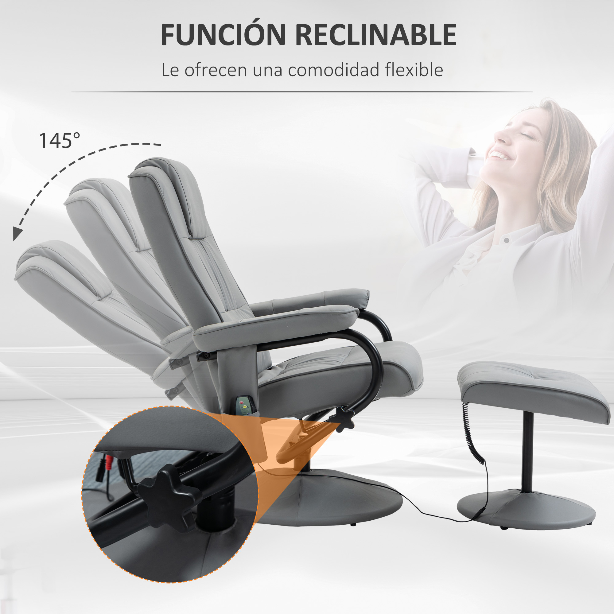 Se muestra una silla reclinable gris y un reposapiés, con una ilustración que muestra la función de reclinación de la silla.