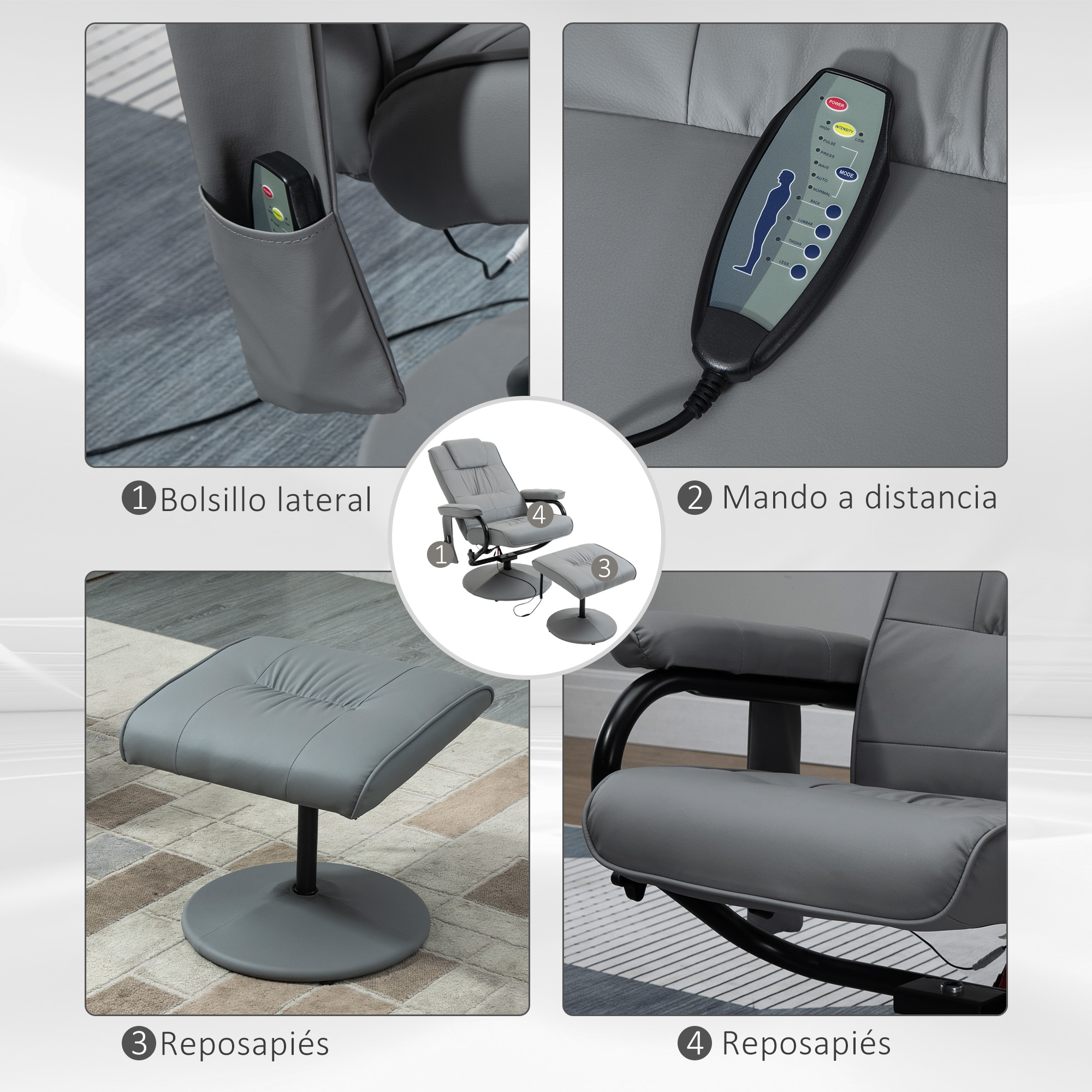 Sillón de masaje gris con bolsillo lateral, mando a distancia, reposapiés y reposapiés. Se muestran detalles de cada parte.